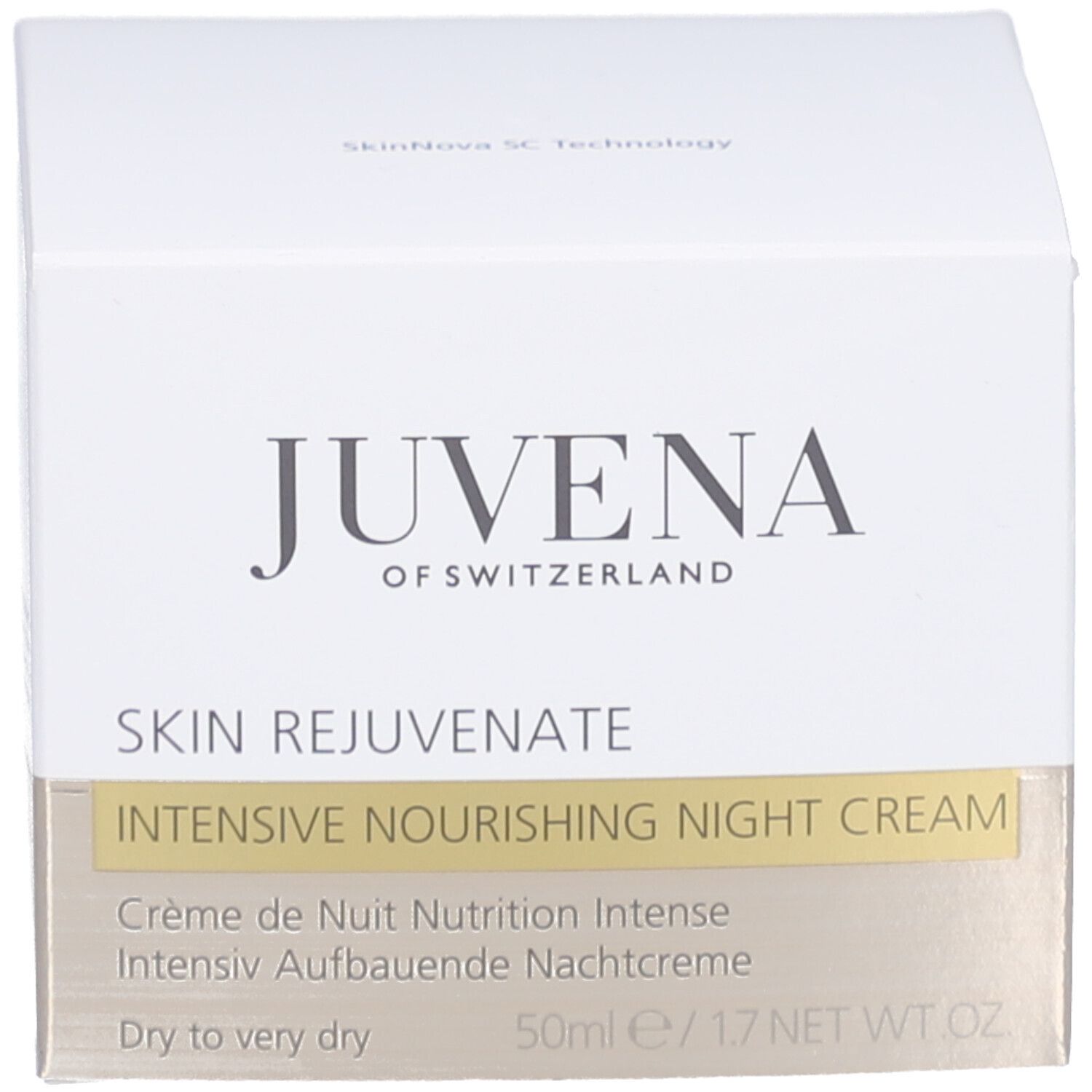 Boîte avec inscription : JUVENA OF SWITZERLAND. Texte : Intensive Nourishing Night Cream.