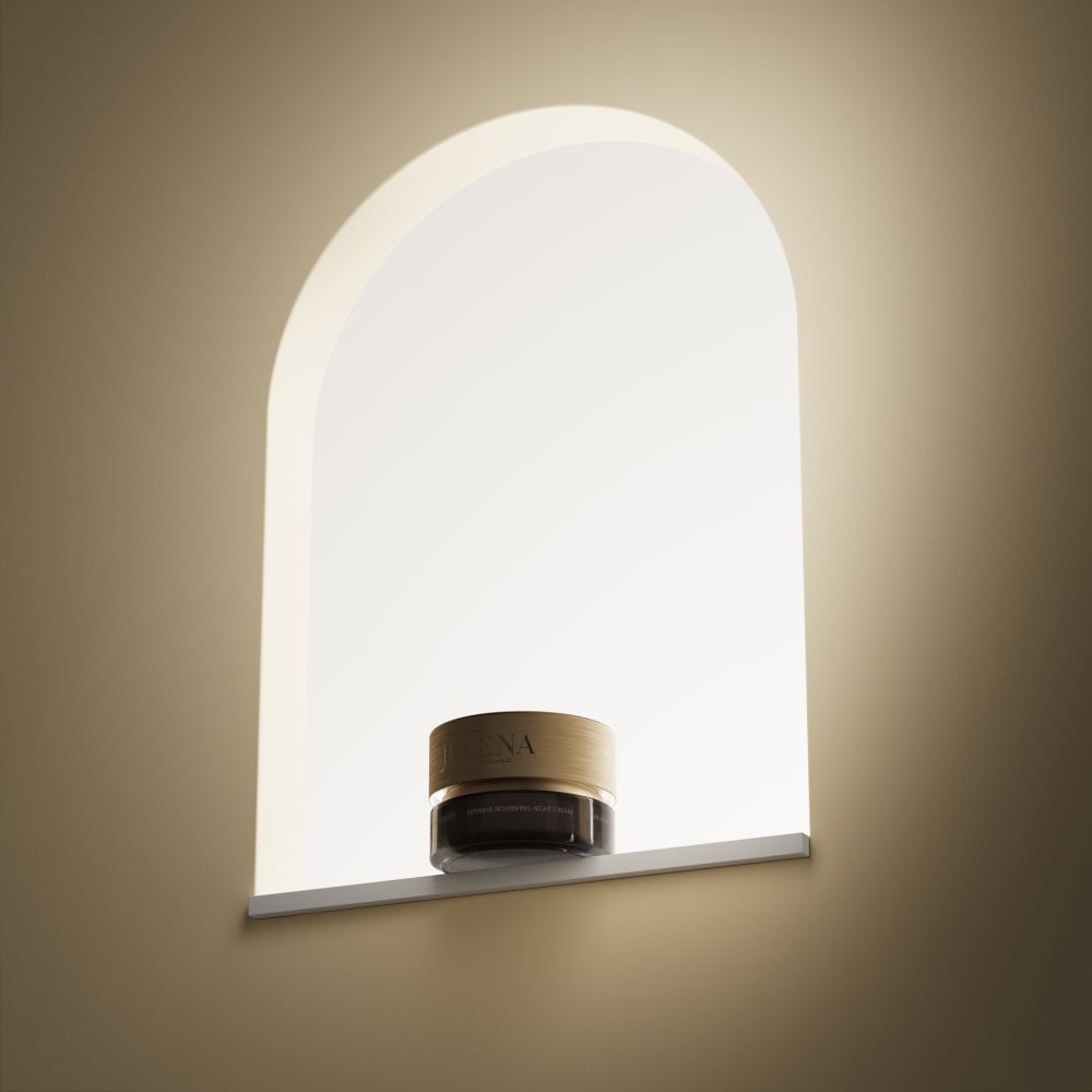 Pot de crème avec couvercle doré dans une niche. Inscription : JUVENA. Fond : clair.