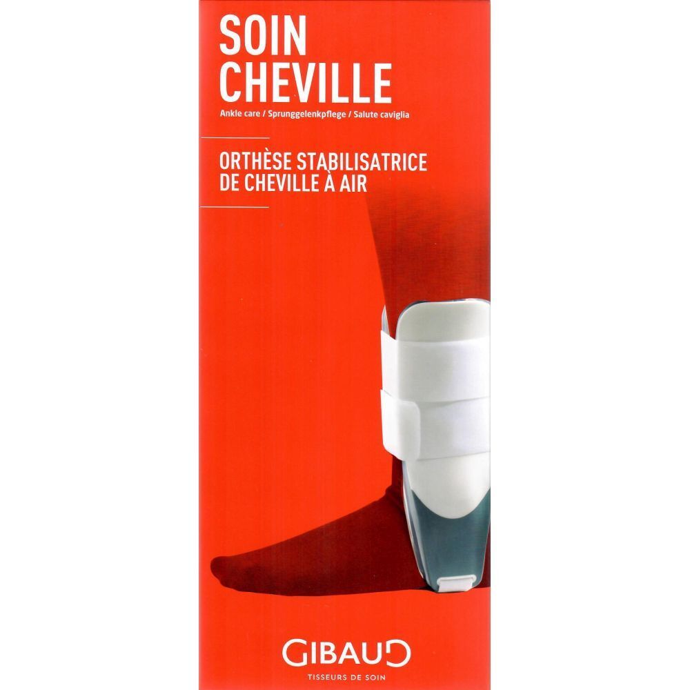 Enkelbrace met wit band en blauw element. Op rode achtergrond. Merk GIBAUD.