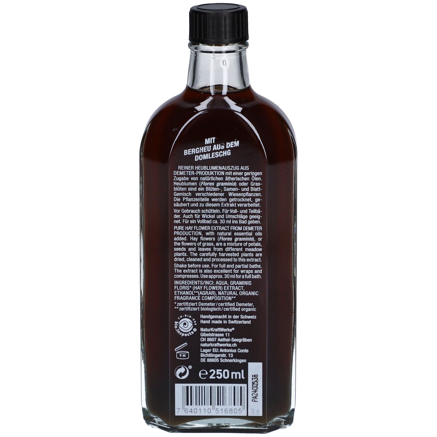 Dos du flacon en verre. Texte : Extrait de foin, qualité Demeter. Bouchon noir. 250 ml.