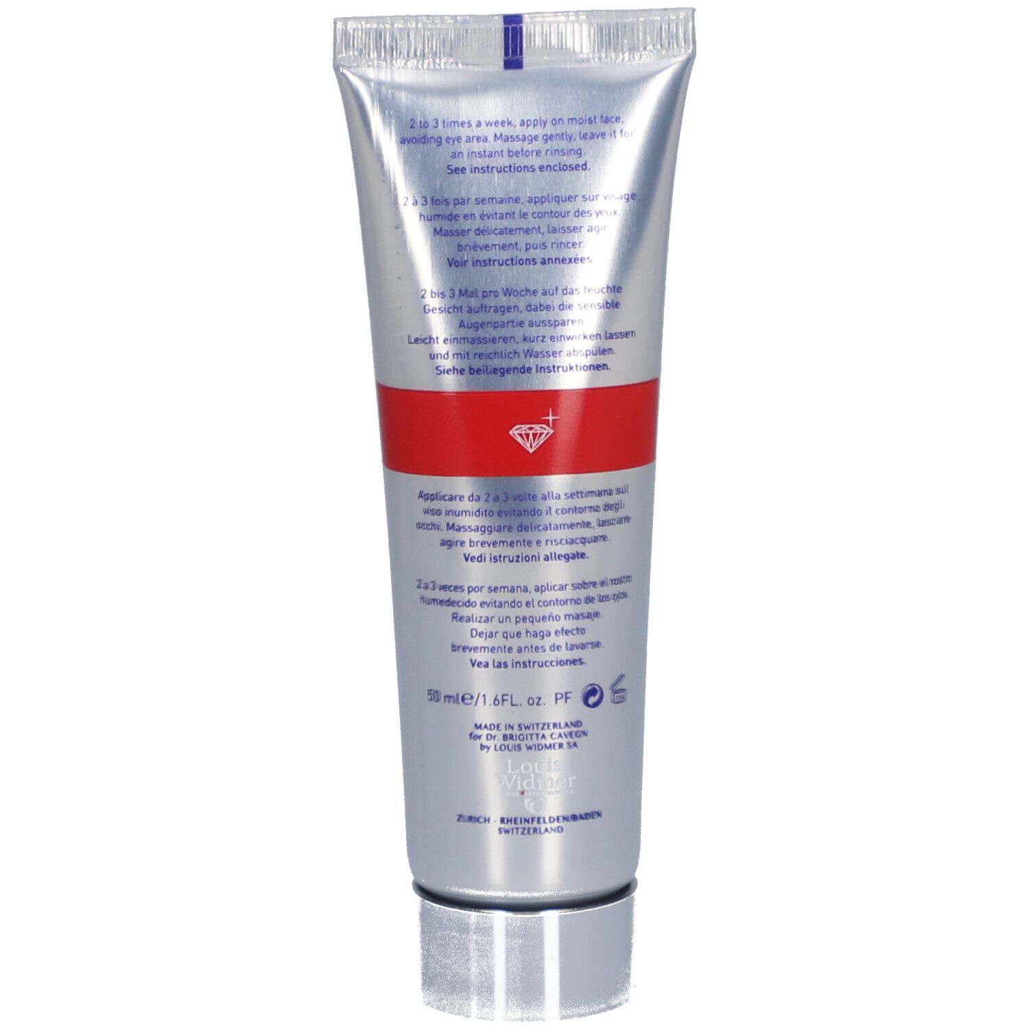 Dos du tube. Texte multilingue: instructions d'utilisation, 50 ml, fabrication suisse, logo.