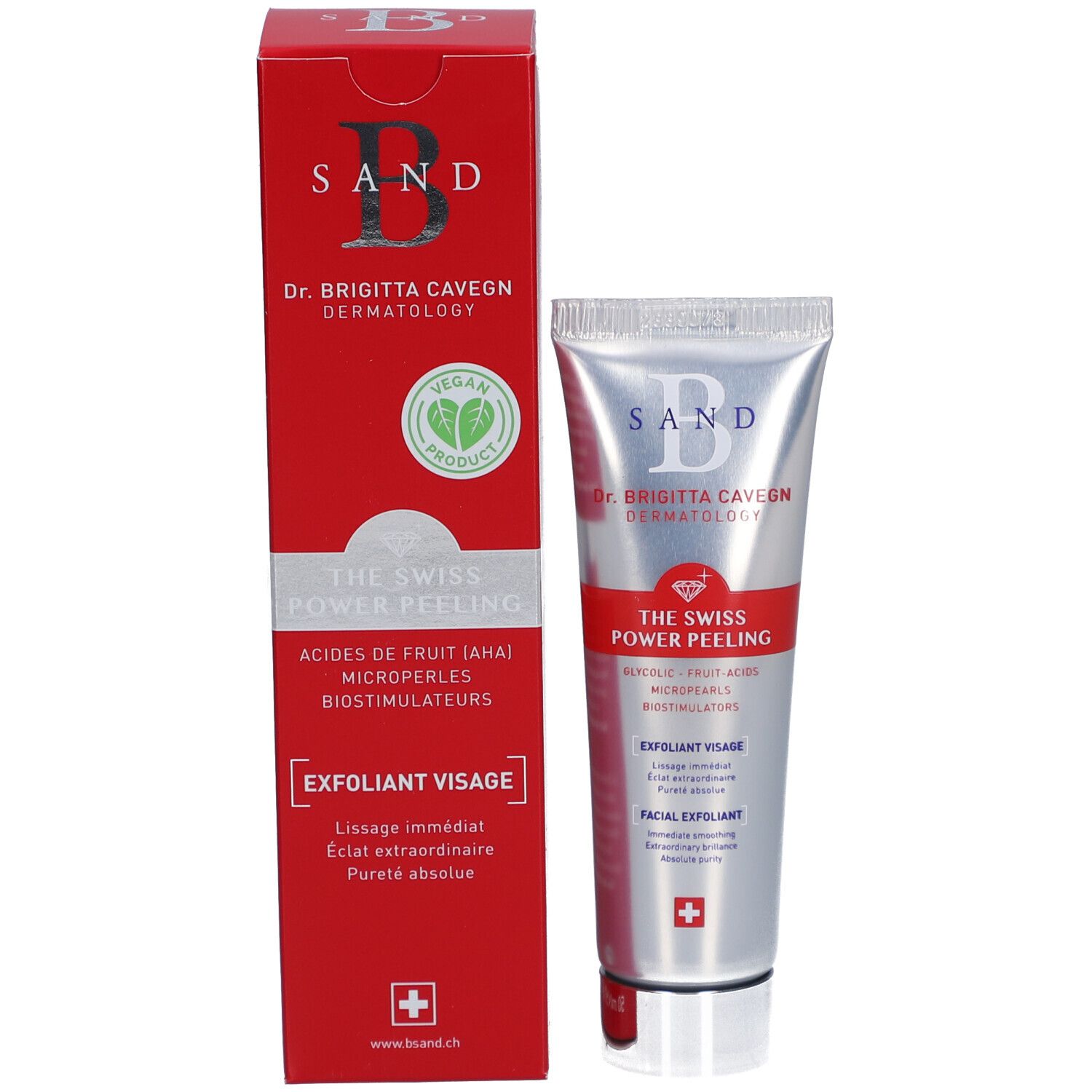 Emballage du produit: tube et boîte. Inscription: B SAND, Dr. Brigitta Cavegn, THE SWISS POWER PEELING, label vegan, Croix suisse.