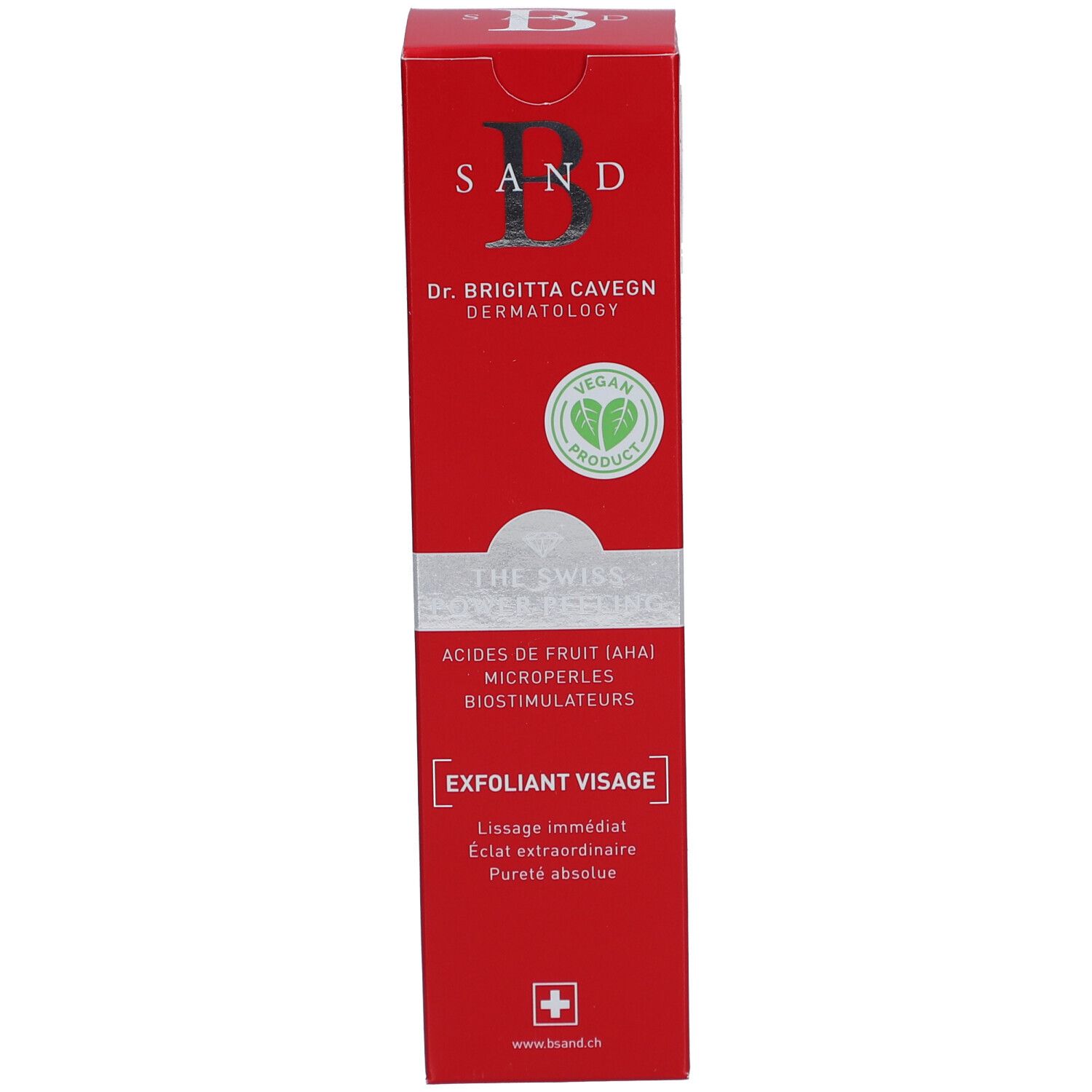 Boîte rouge. Inscription: B SAND, Dr. Brigitta Cavegn, THE SWISS POWER PEELING, label vegan, Croix suisse.