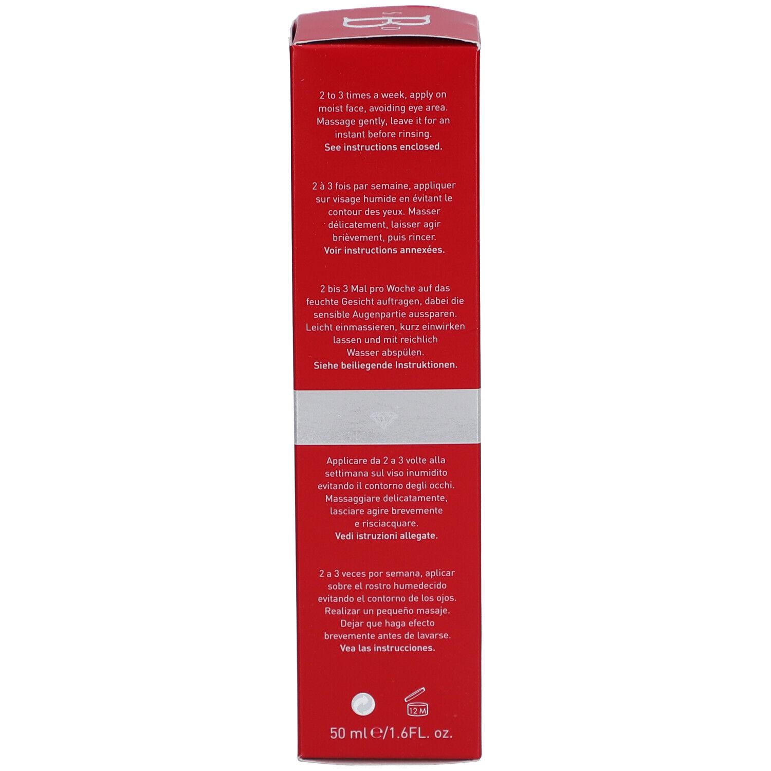 Boîte rouge. Inscription: instructions d'utilisation multilingues, 50 ml.