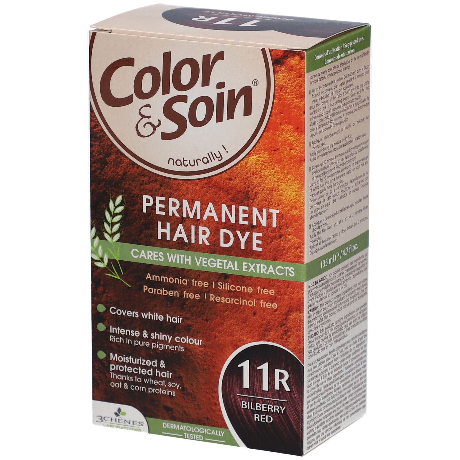Boîte de teinture capillaire. Inscription: Color & Soin, Permanent Hair Dye, 11R Bilberry Red. Contient des extraits végétaux. Sans ammoniaque, silicone, parabène et résorcinol.