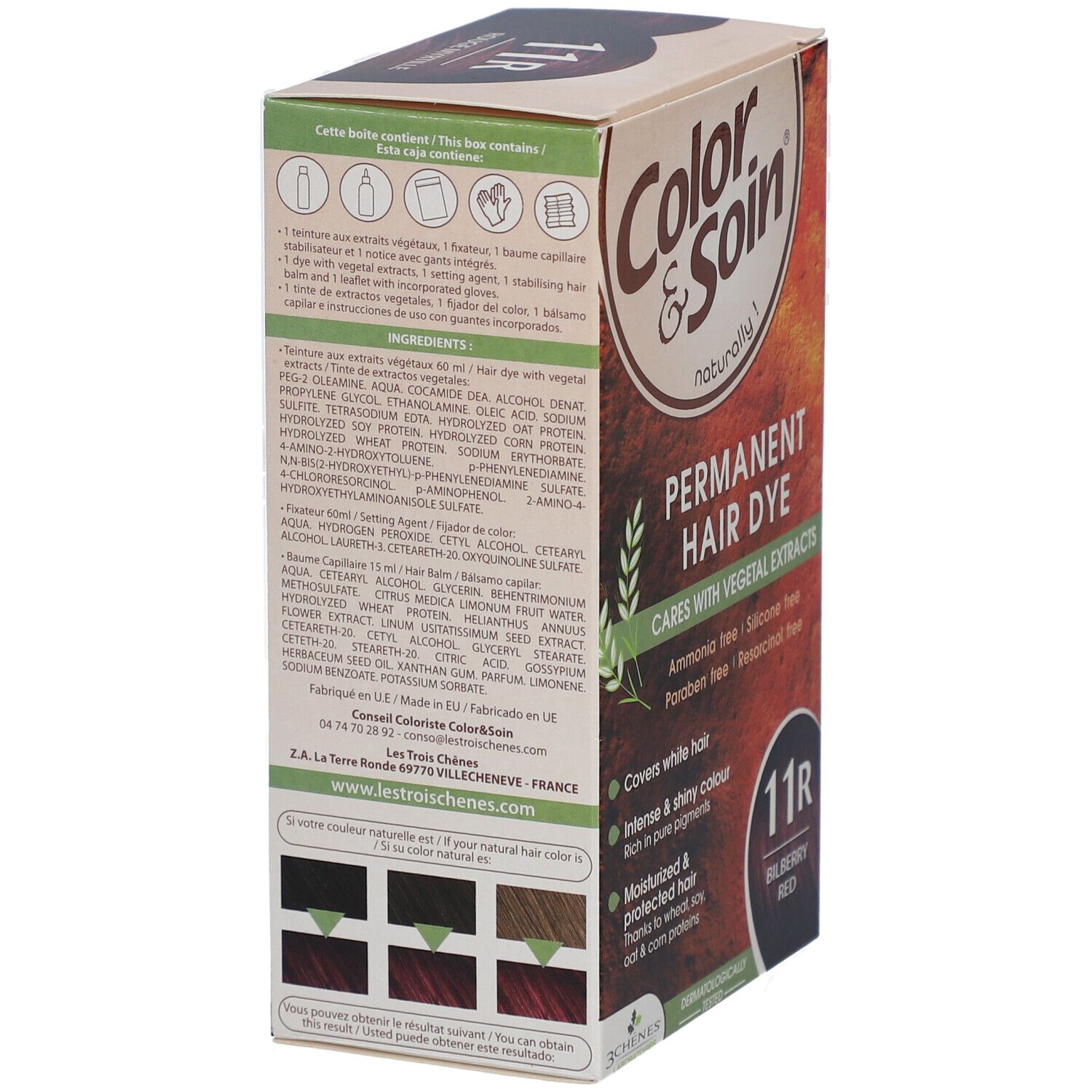 Boîte de teinture capillaire. Dos avec ingrédients et exemples de couleurs. Inscription: Color & Soin, Permanent Hair Dye, 11R Bilberry Red. Contient des extraits végétaux.
