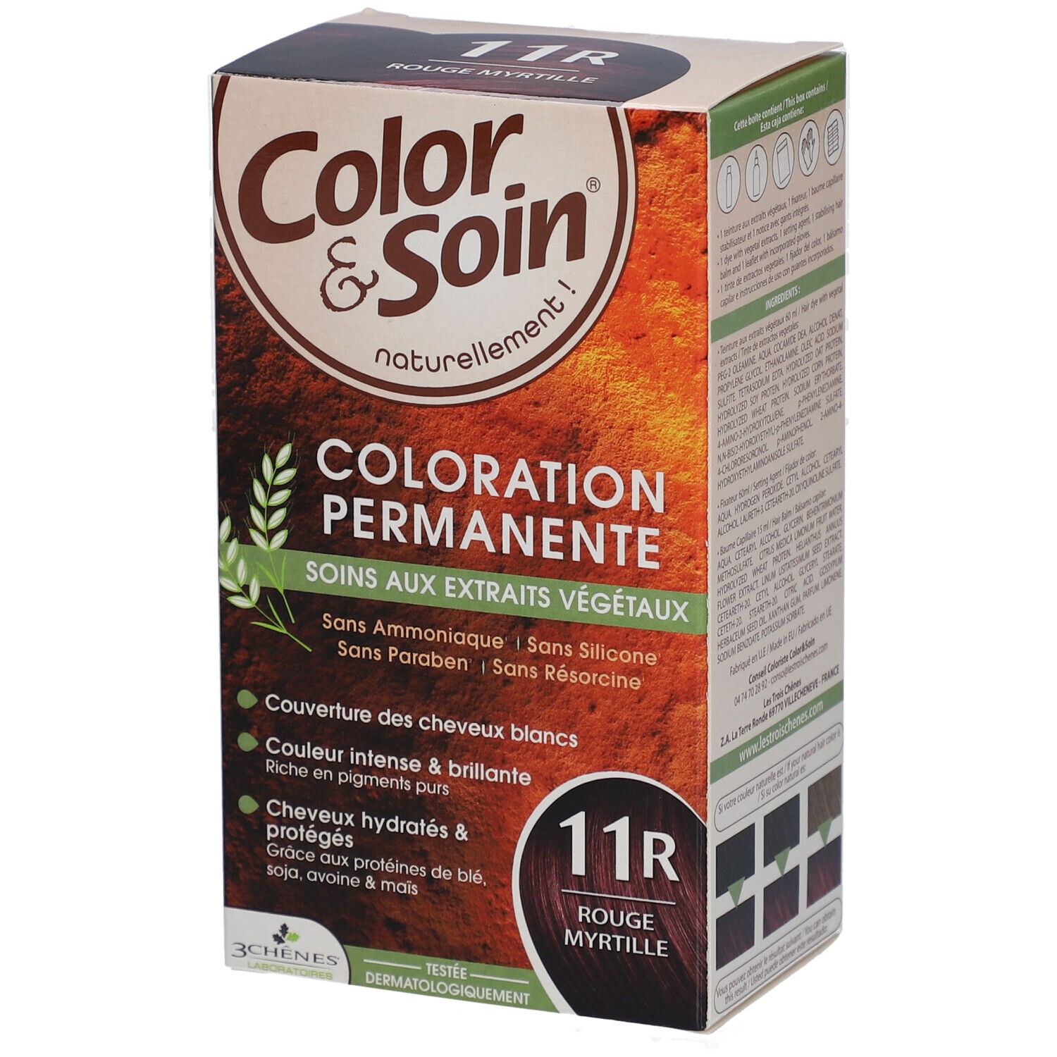 Boîte de teinture capillaire. Inscription: Color & Soin, Coloration Permanente, 11R Rouge Myrtille. Contient des extraits végétaux. Sans ammoniaque, silicone, parabène et résorcine.