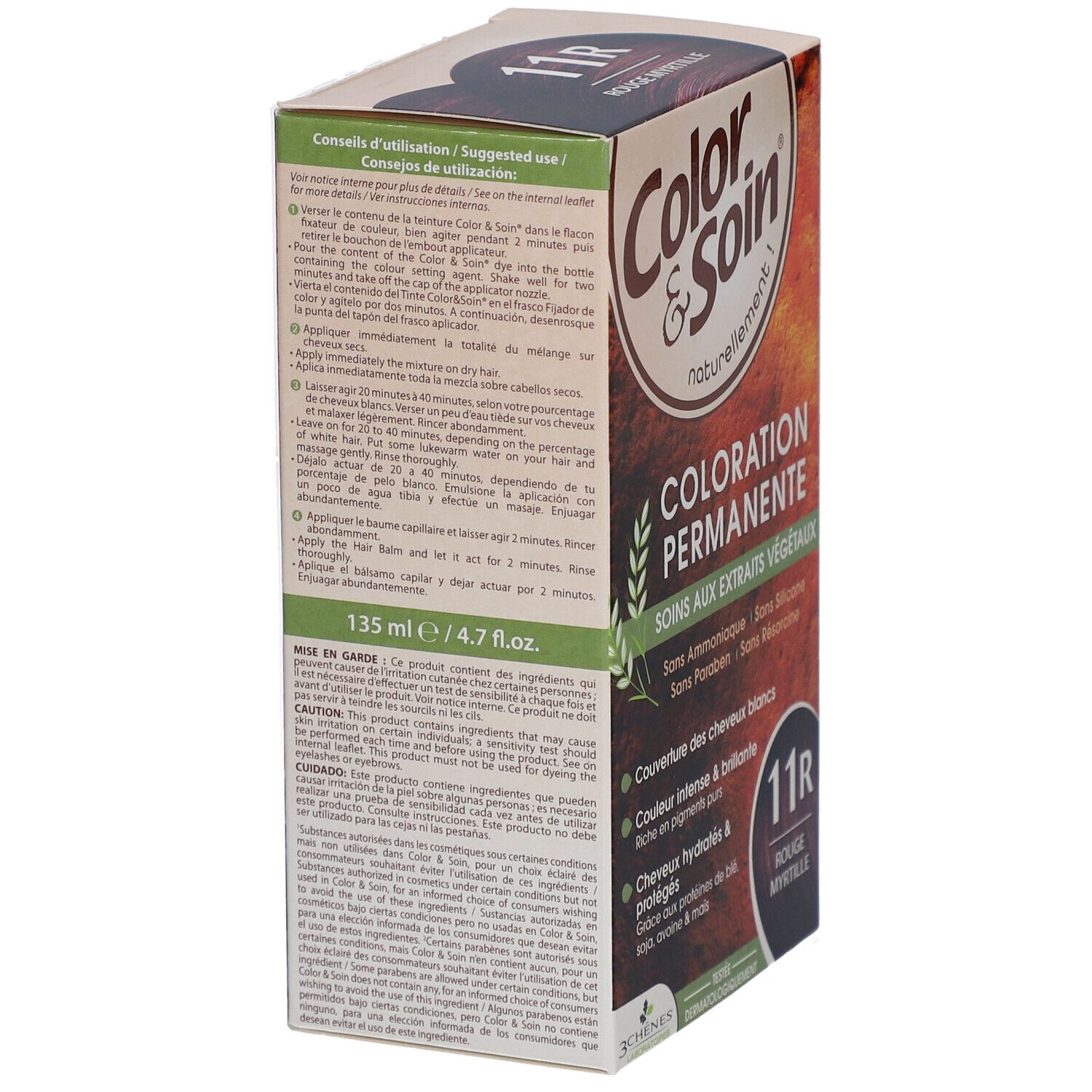 Boîte de teinture capillaire. Inscription: Color & Soin, Coloration Permanente, 11R Rouge Myrtille. Contient des extraits végétaux. Instructions et ingrédients sur la boîte.