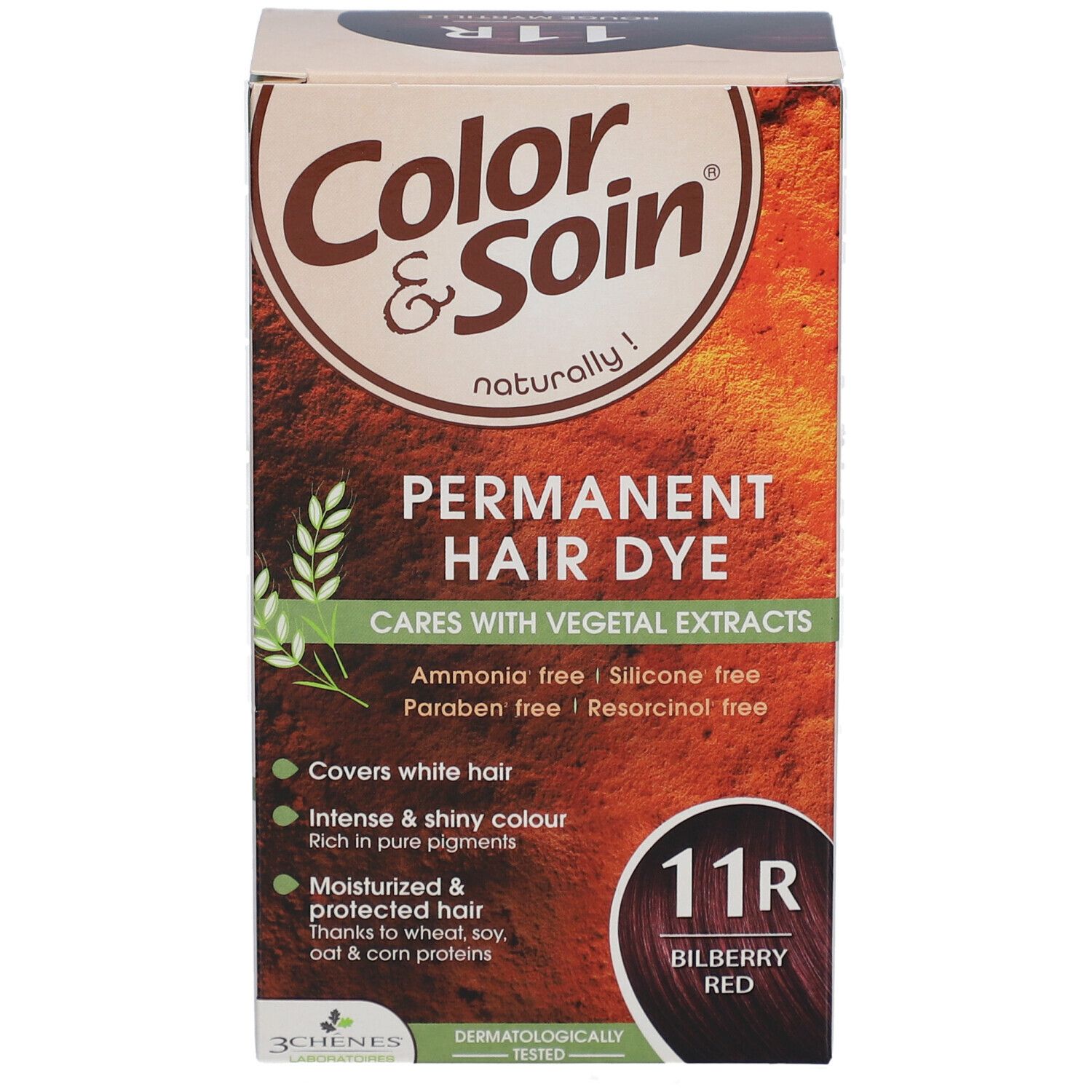 Boîte de teinture capillaire. Inscription: Color & Soin, Permanent Hair Dye, 11R Bilberry Red. Contient des extraits végétaux. Sans ammoniaque, silicone, parabène et résorcinol.