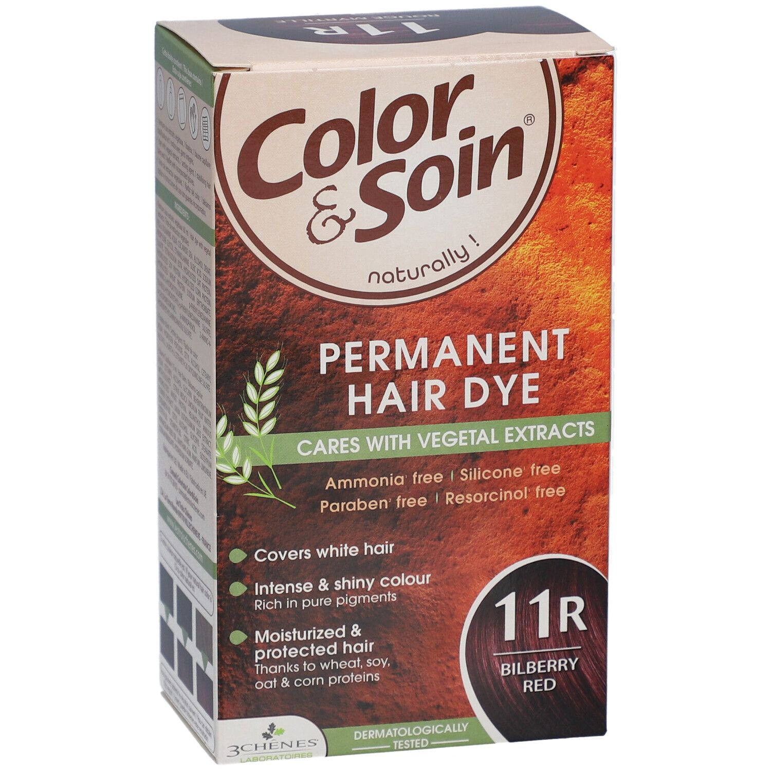 Boîte de teinture capillaire. Inscription: Color & Soin, Permanent Hair Dye, 11R Bilberry Red. Contient des extraits végétaux. Sans ammoniaque, silicone, parabène et résorcinol.
