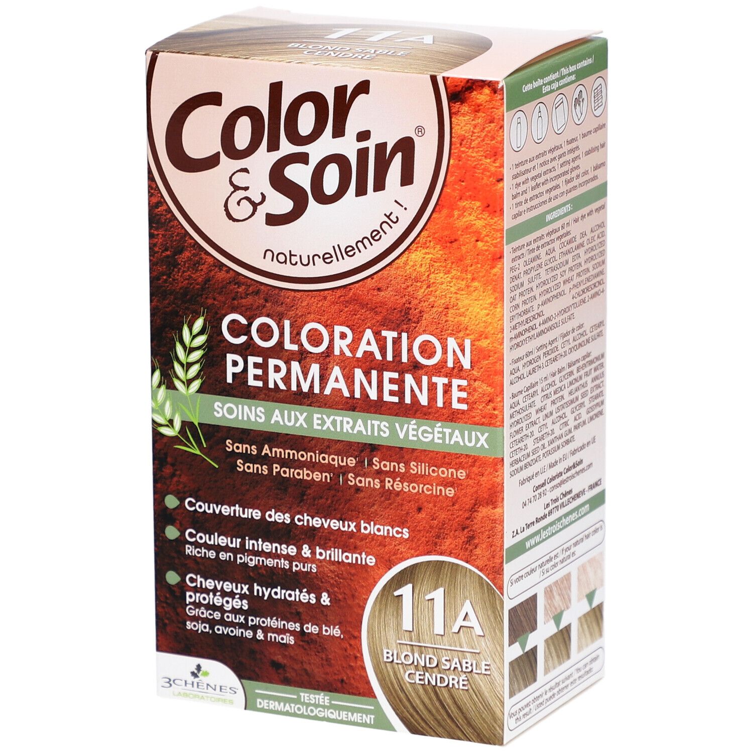 Coloration Permanente Color & Soin 11A Blond cendré. Emballage avec informations produit. Sans ammoniaque, silicone, parabène et résorcine.