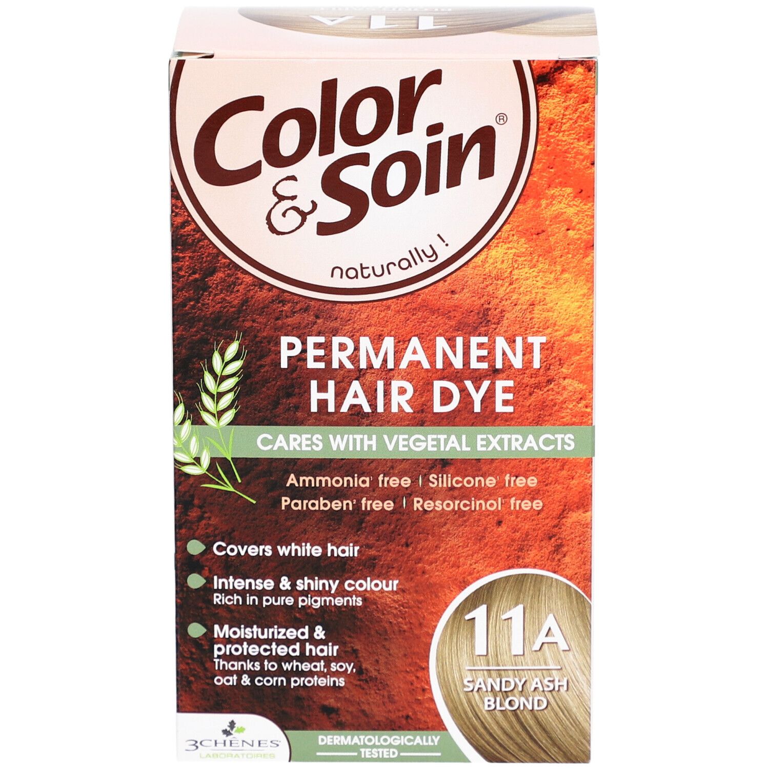 Vue de face de l'emballage de teinture capillaire Color & Soin, 11A Blond cendré. Contient des informations sur le produit et les ingrédients.