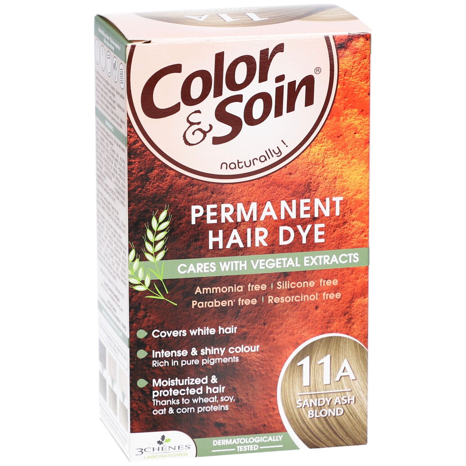 Vue en biais de l'emballage de teinture capillaire Color & Soin, 11A Blond cendré. Contient des informations sur le produit et le logo.