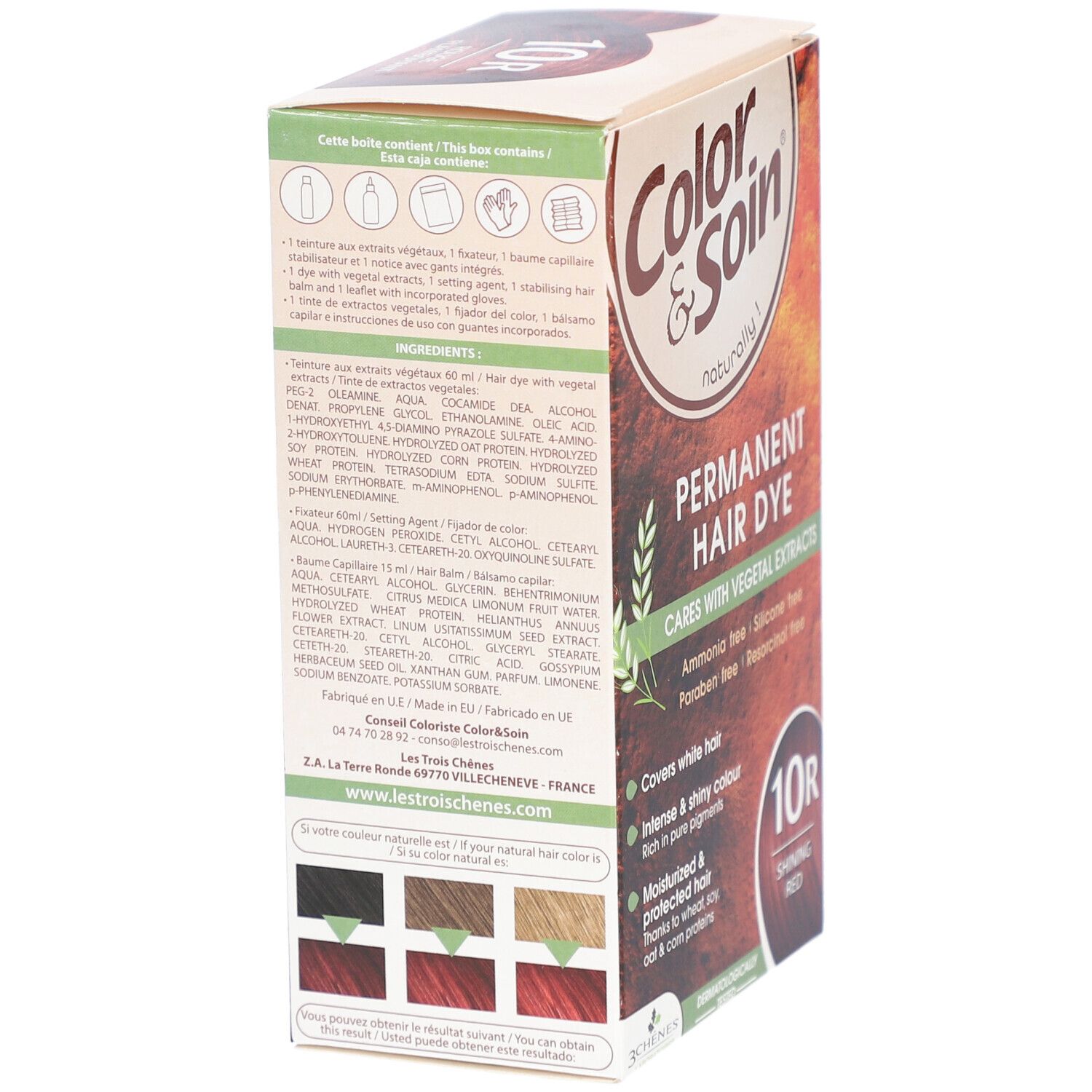 Boîte de teinture capillaire. Inscription: Color & Soin, Permanent Hair Dye, 10R Shining Red. Dos avec ingrédients et exemples de couleurs.