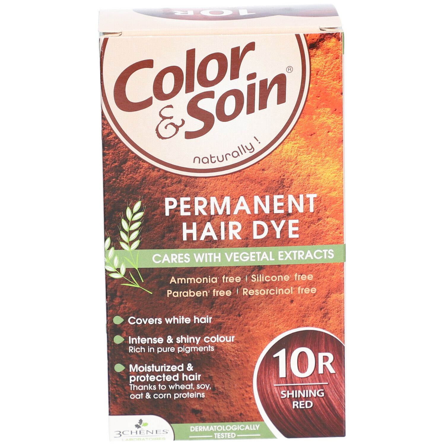 Boîte de teinture capillaire. Inscription: Color & Soin, Permanent Hair Dye, 10R Shining Red. Sans ammoniaque, silicone, parabène et résorcinol.