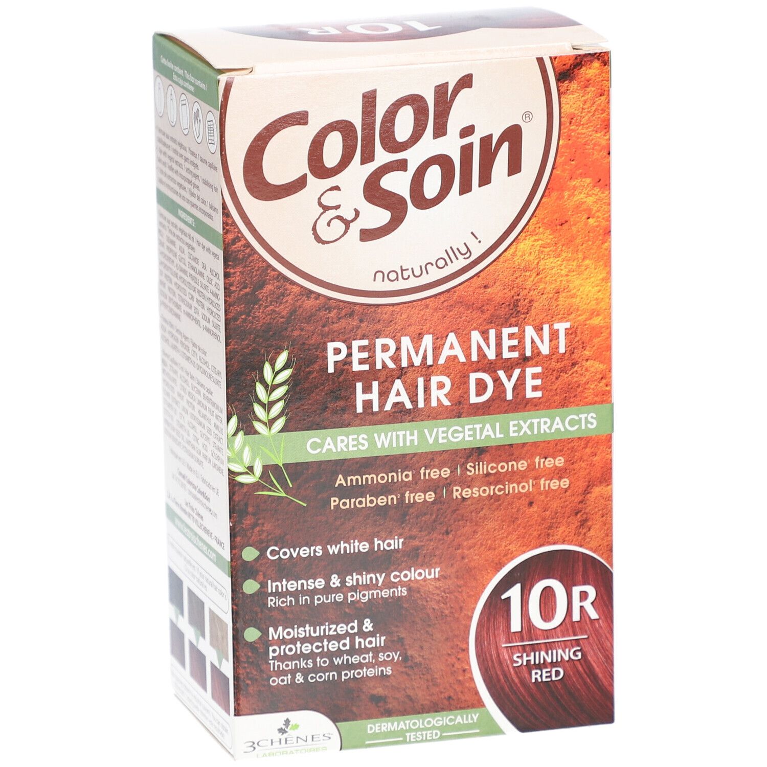 Boîte de teinture capillaire. Inscription: Color & Soin, Permanent Hair Dye, 10R Shining Red. Sans ammoniaque, silicone, parabène et résorcinol.