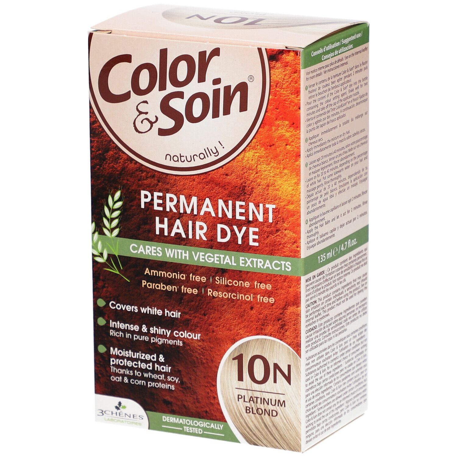 Boîte de coloration capillaire. Inscription: Color & Soin, Permanent Hair Dye, 10N Blond Platine. Contient des extraits végétaux.