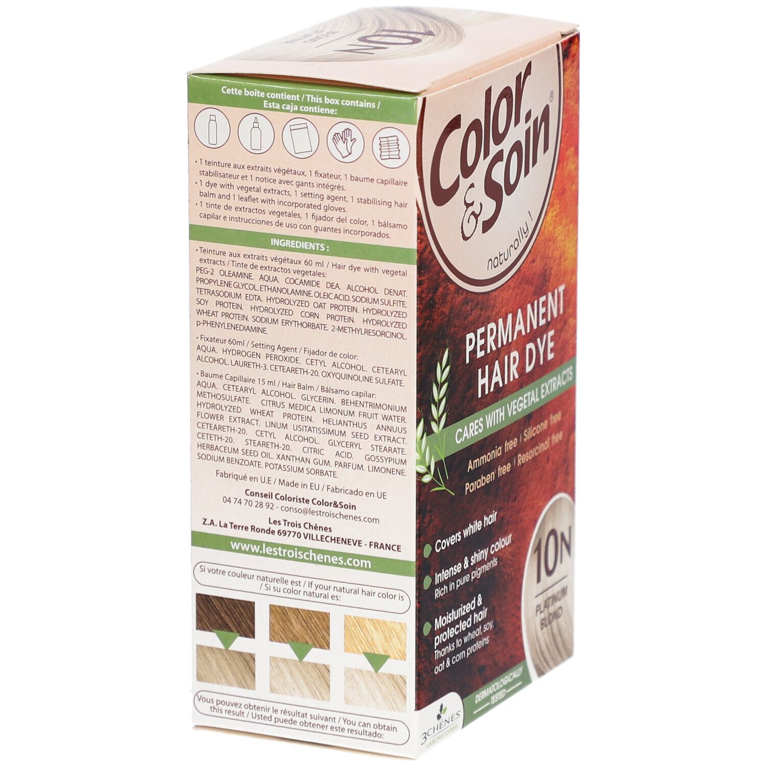 Boîte de coloration capillaire. Dos avec ingrédients et exemples de couleurs. Inscription: Color & Soin, Permanent Hair Dye, 10N Blond Platine.