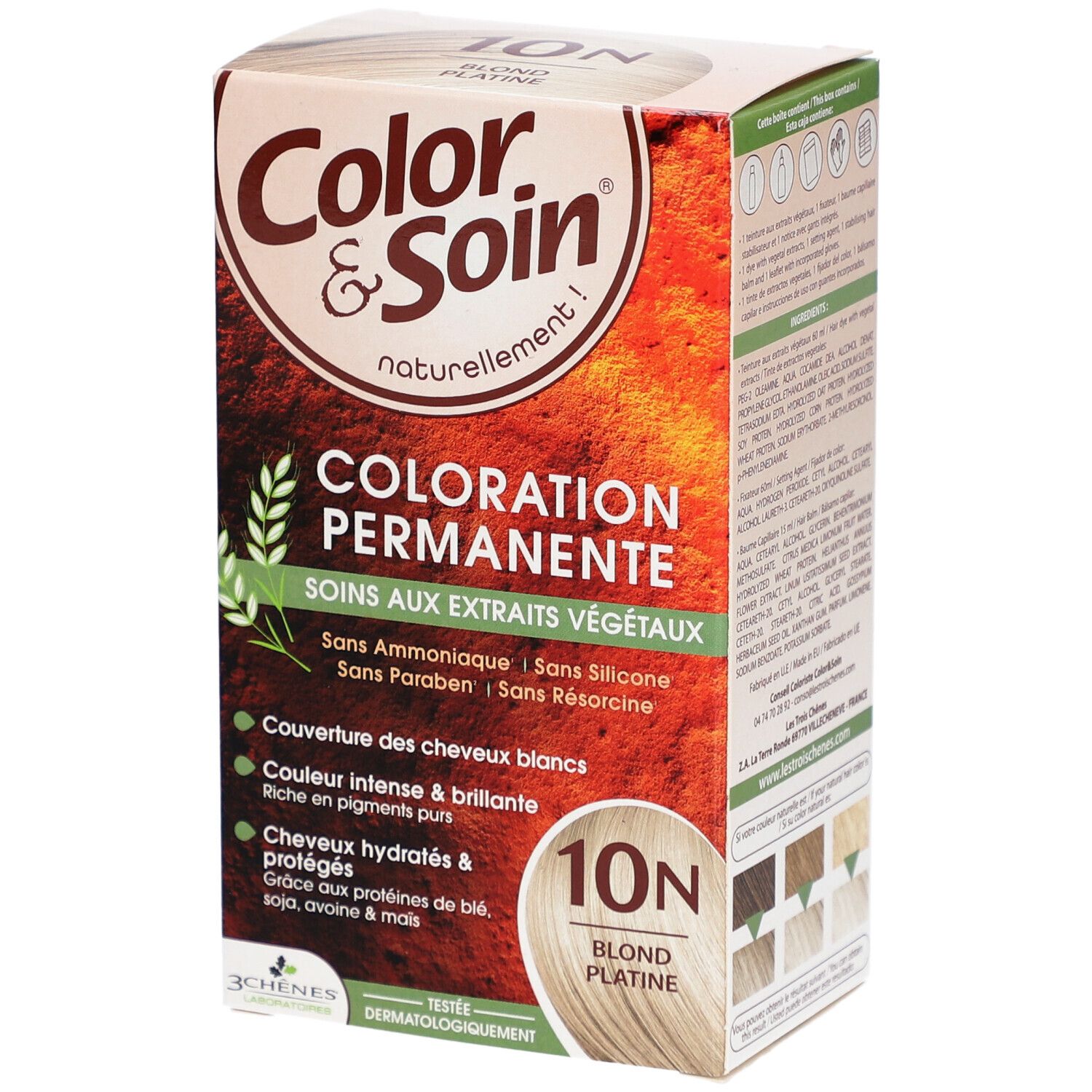 Boîte de coloration capillaire. Inscription: Coloration Permanente, 10N Blond Platine. Sans ammoniaque, silicone, parabène et résorcine.
