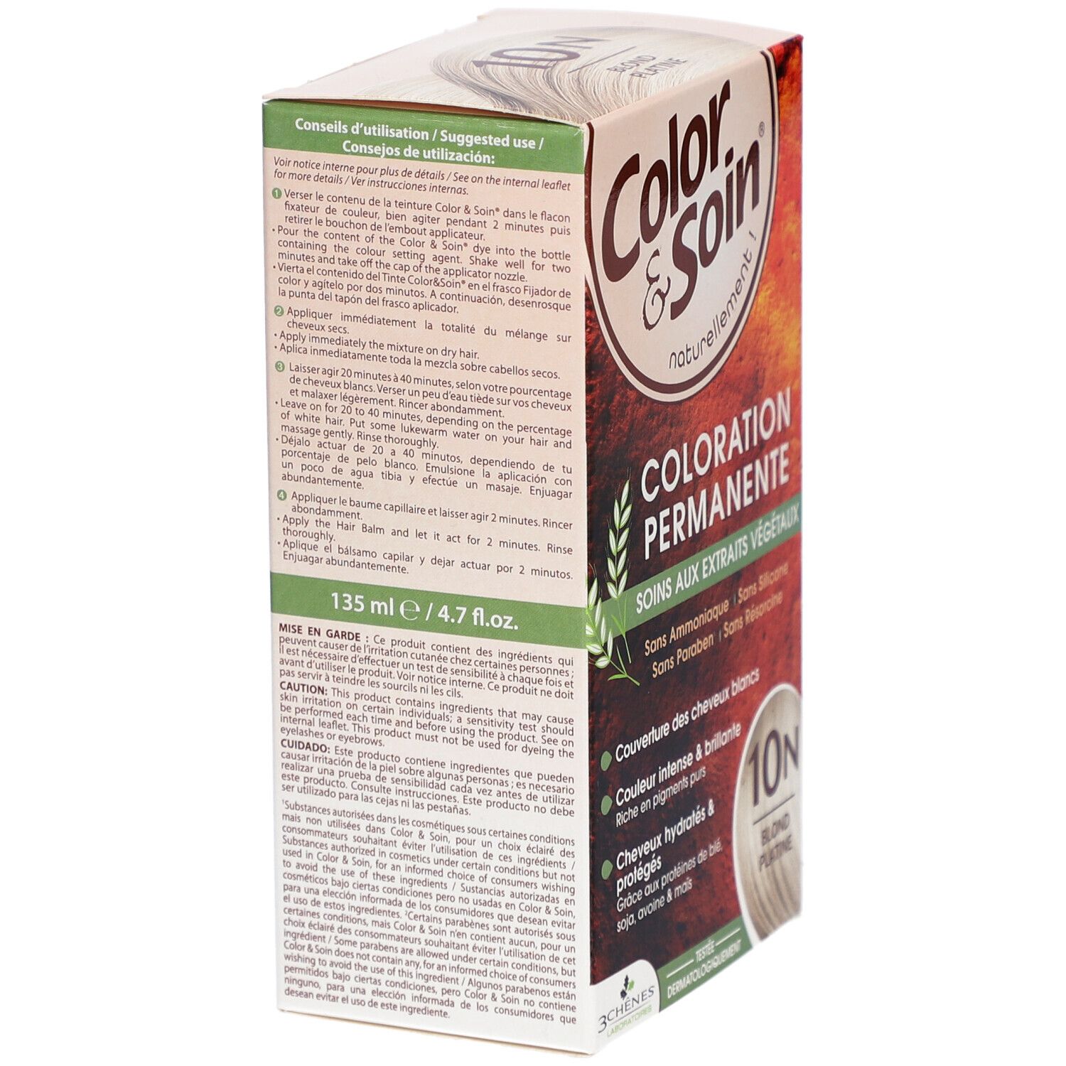 Boîte de coloration capillaire. Inscription: Coloration Permanente, 135 ml / 4.7 fl.oz. Instructions d'utilisation. 10N Blond Platine.