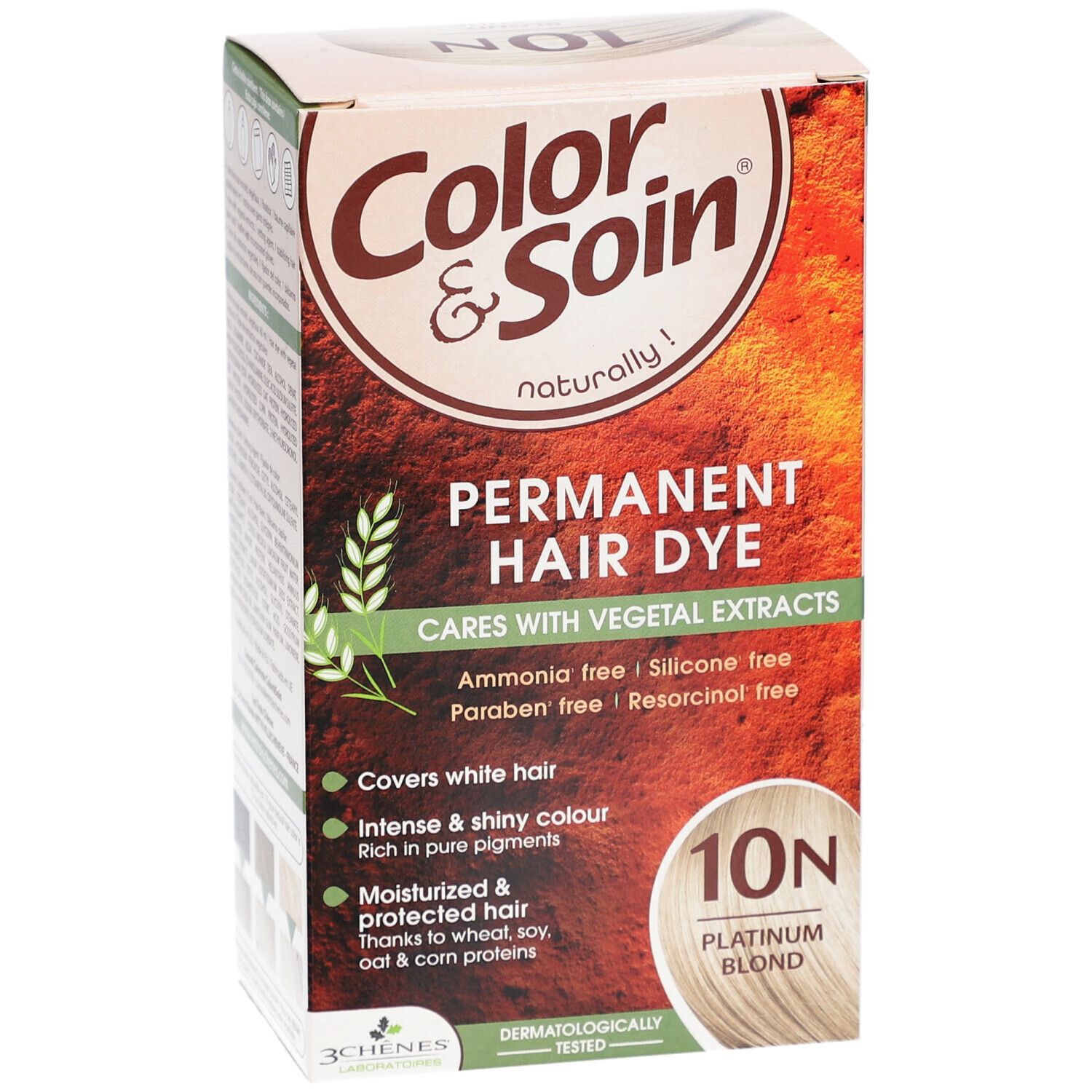 Boîte de coloration capillaire. Inscription: Color & Soin, Permanent Hair Dye, 10N Blond Platine. Contient des extraits végétaux. Testé dermatologiquement.