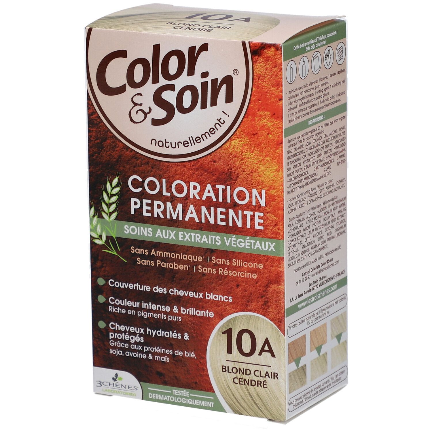 Verpakking Color & Soin® Permanente Haarkleuring 10A Licht Asblond. Productinfo en kleurenschema.