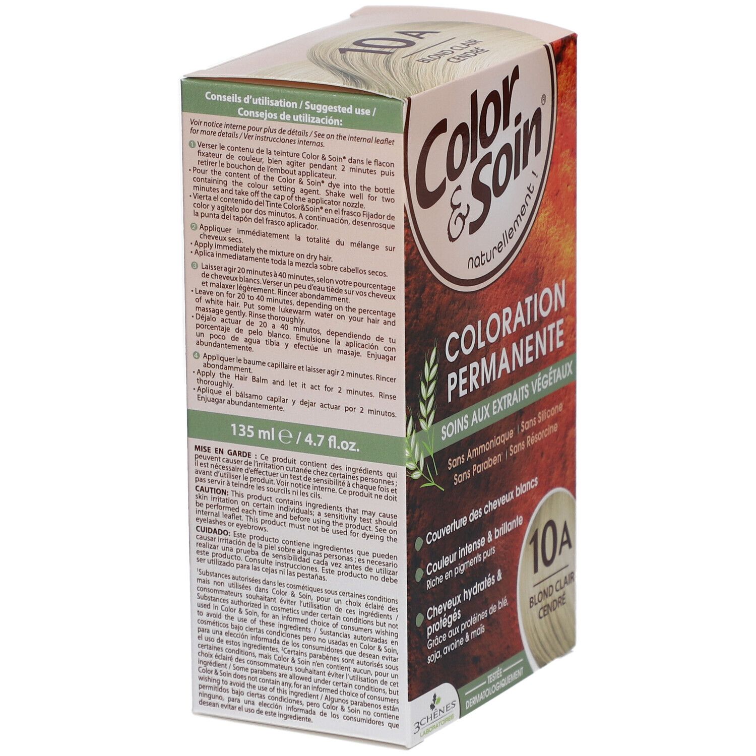 Zijaanzicht van de Color & Soin® verpakking. Bevat instructies en productinformatie.