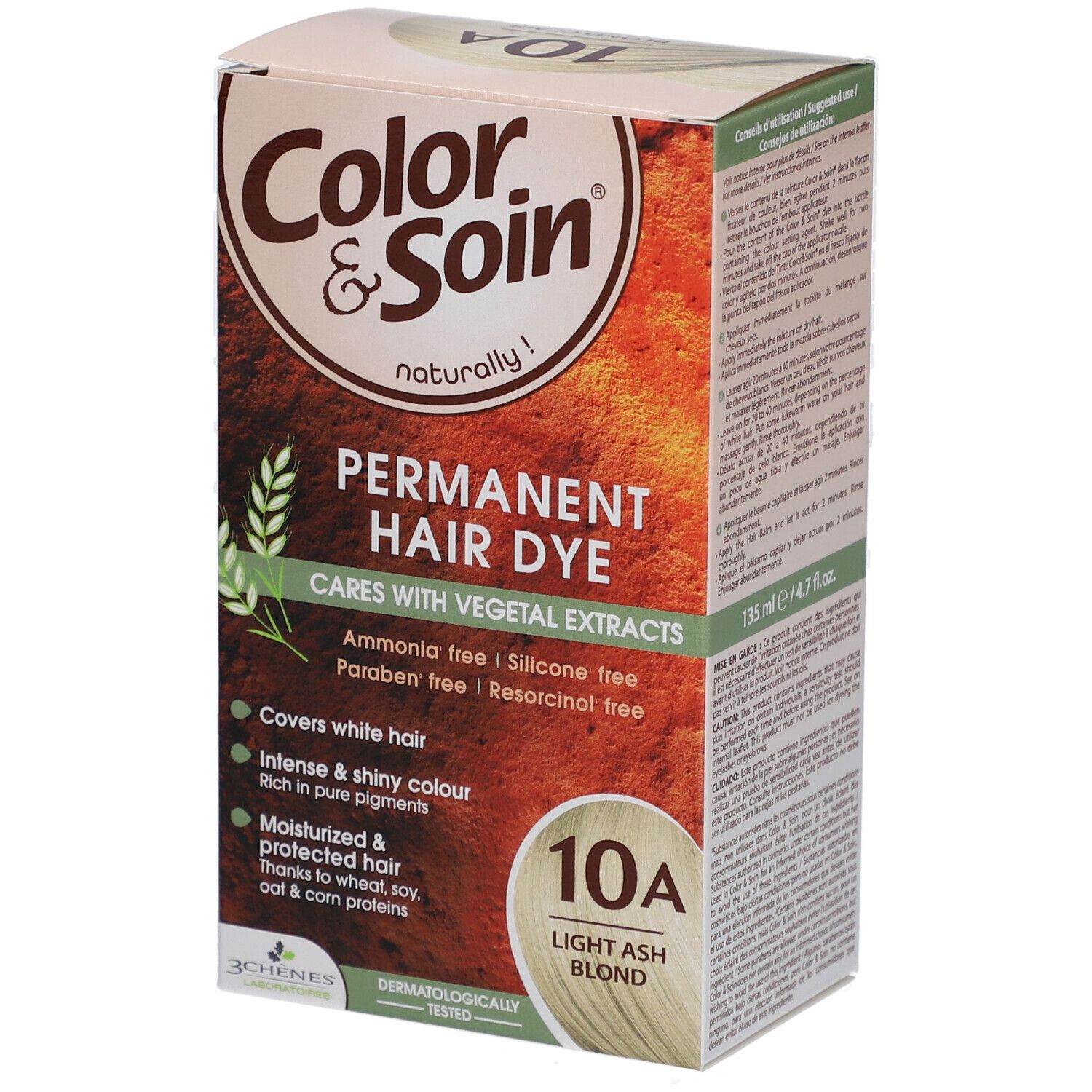 Color & Soin® Permanente Haarkleuring 10A Licht Asblond. Verpakking met productinformatie.