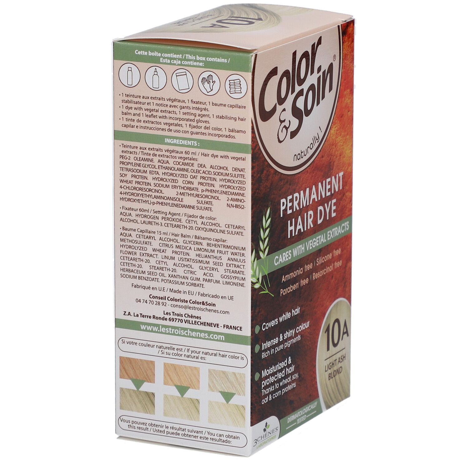 Achterkant van de Color & Soin® verpakking. Bevat ingrediënten en kleurenschema.