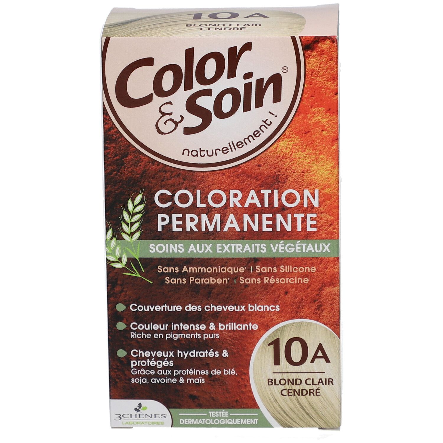 Vooraanzicht van de Color & Soin® verpakking. Productnaam, tint en kenmerken.