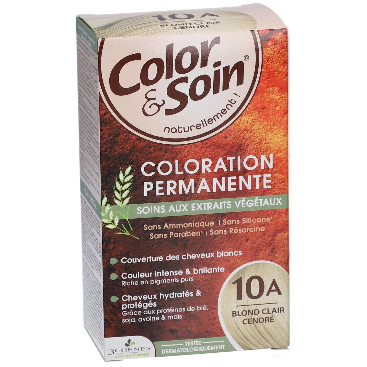 Vooraanzicht van de Color & Soin® verpakking. Productnaam, tint en kenmerken.