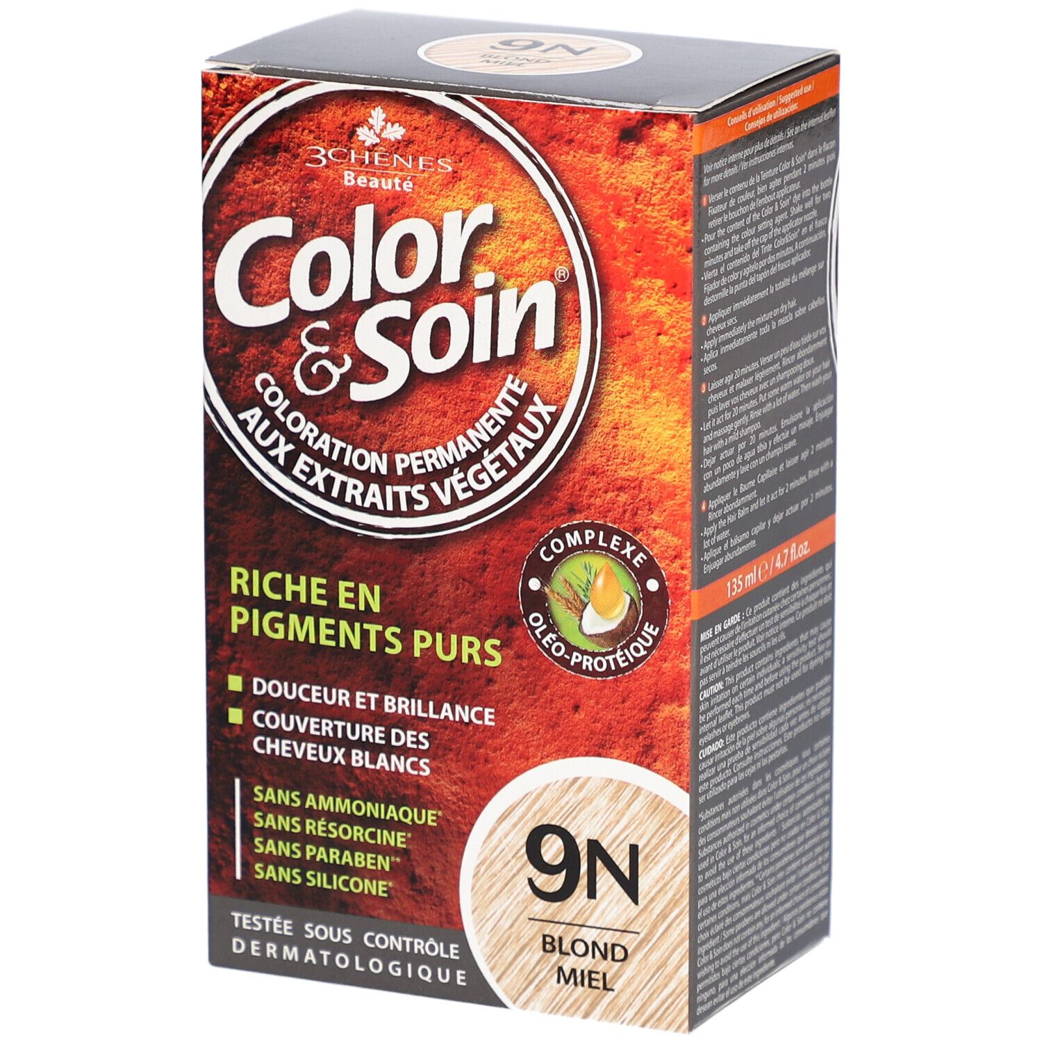 Boîte de coloration capillaire. Inscription: Color & Soin, 9N Blond Miel. Aux extraits végétaux. Sans ammoniaque, résorcine, parabène, silicone.