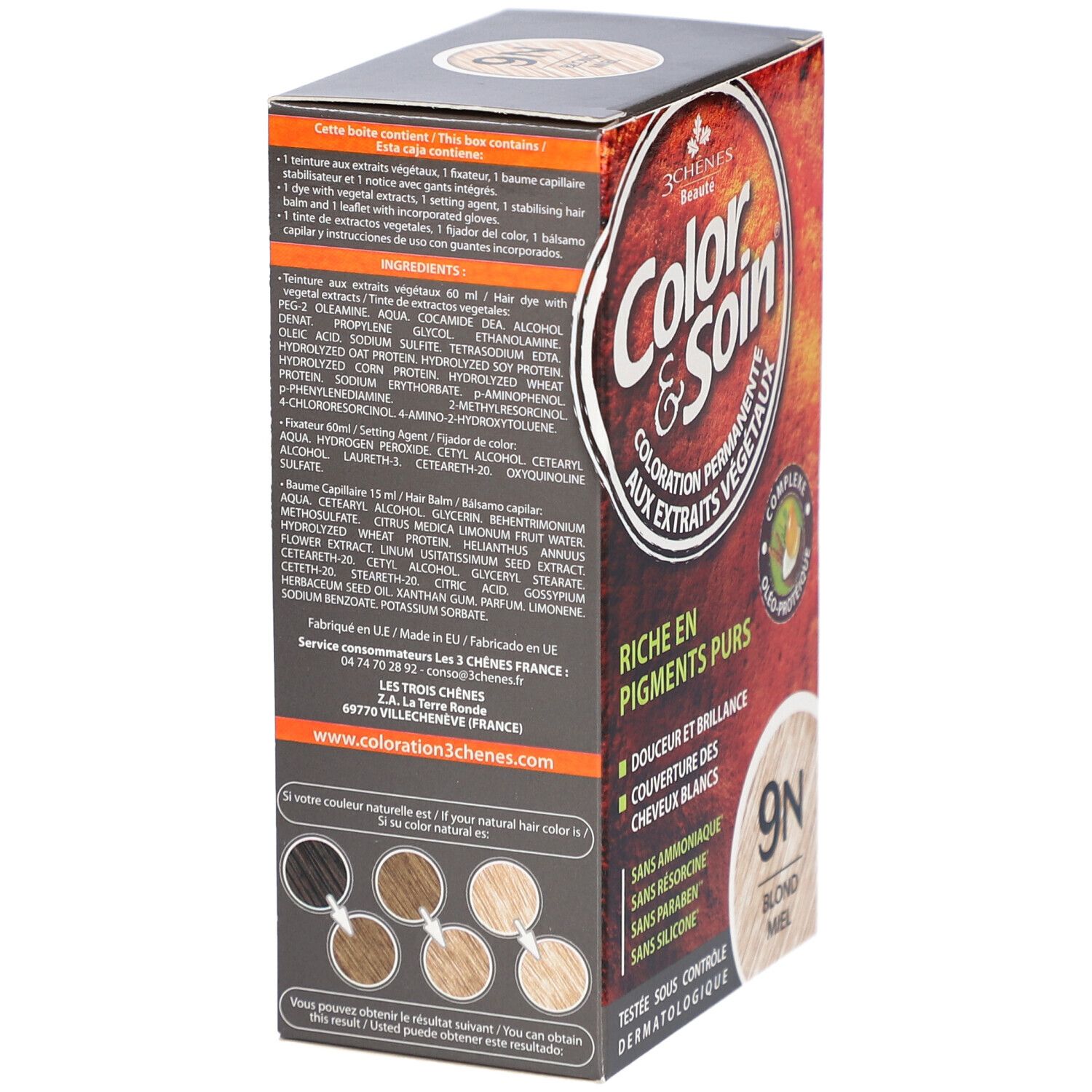 Dos de la boîte de coloration capillaire. Liste des ingrédients, exemples de couleurs, informations fabricant. Inscription: Color & Soin, 9N Blond Miel.