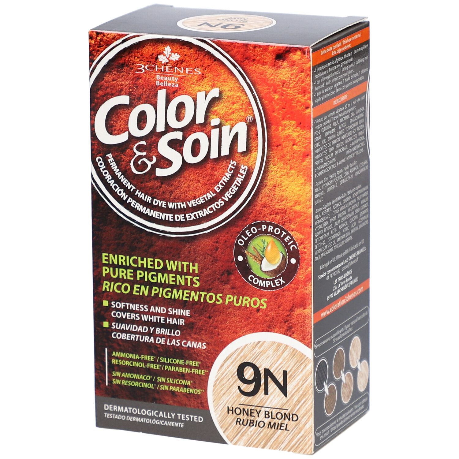 Boîte de coloration capillaire. Inscription: Color & Soin, 9N Honey Blond. Avec pigments purs. Sans ammoniaque, résorcine, parabène, silicone.