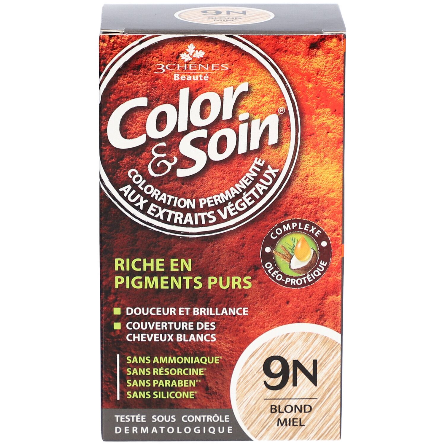 Boîte de coloration capillaire. Inscription: Color & Soin, 9N Blond Miel. Aux extraits végétaux. Sans ammoniaque, résorcine, parabène, silicone.