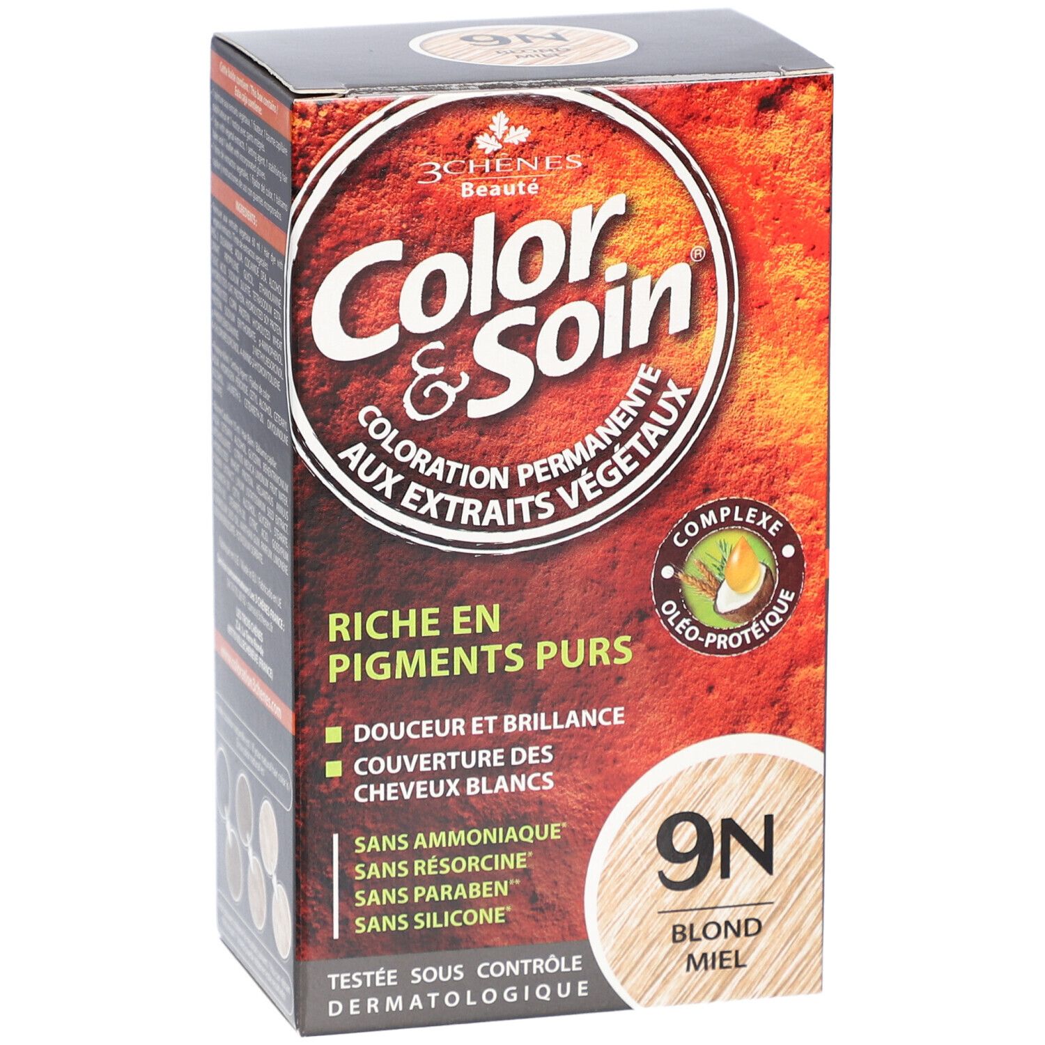 Boîte de coloration capillaire. Inscription: Color & Soin, 9N Blond Miel. Aux extraits végétaux. Sans ammoniaque, résorcine, parabène, silicone.