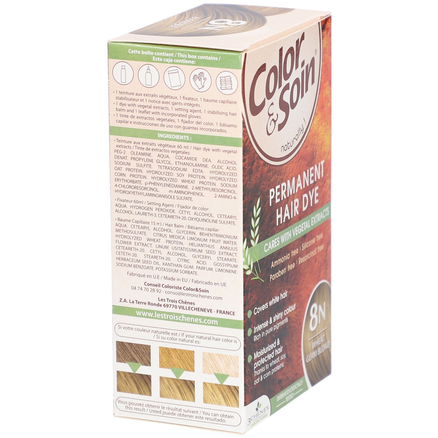 Dos de la boîte de teinture capillaire. Contient ingrédients et instructions. Échantillons de couleurs pour cheveux naturels. Marque : Color & Soin.