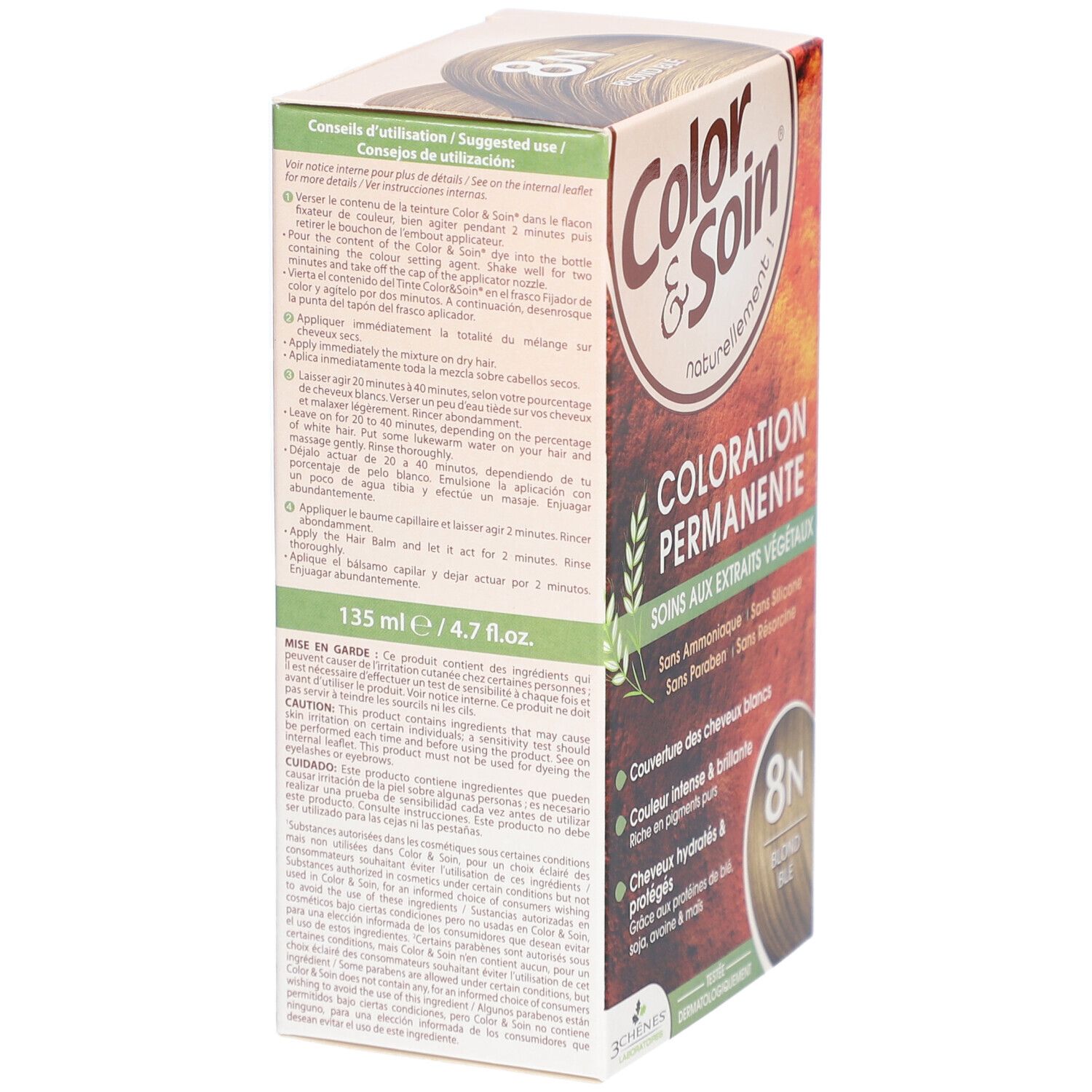 Dos de la boîte de teinture capillaire. Contient instructions et ingrédients. Marque : Color & Soin. Volume : 135 ml / 4.7 fl oz.