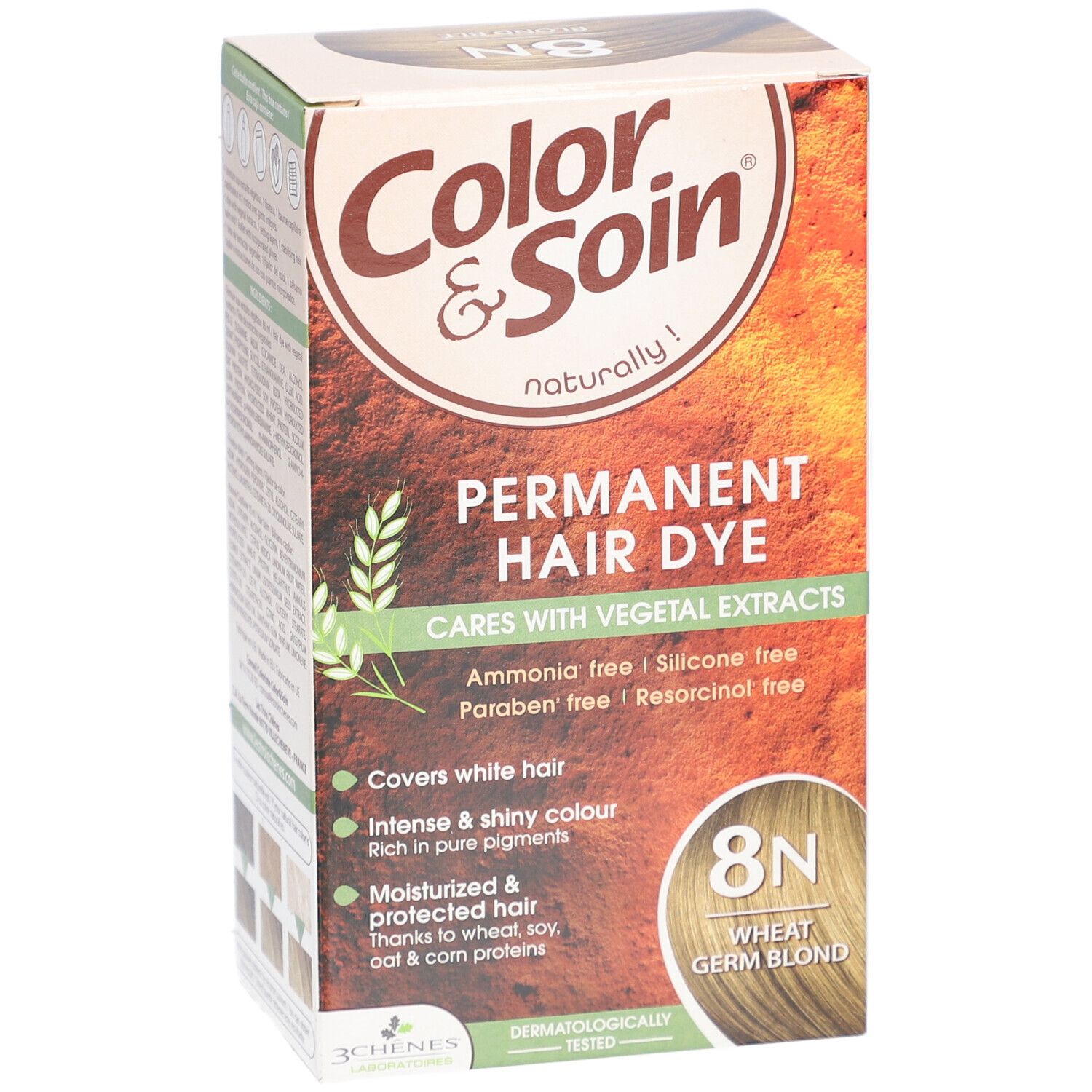 Boîte de teinture capillaire. Inscription : Color & Soin, 8N Blond blé. Contient des extraits végétaux. Sans ammoniaque, silicone, parabène et résorcine.