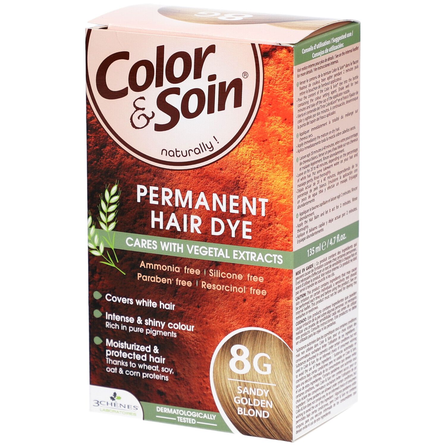 Boîte de teinture capillaire. Inscription: Color & Soin, Permanent Hair Dye, 8G Sandy Golden Blond. Contient des extraits végétaux.
