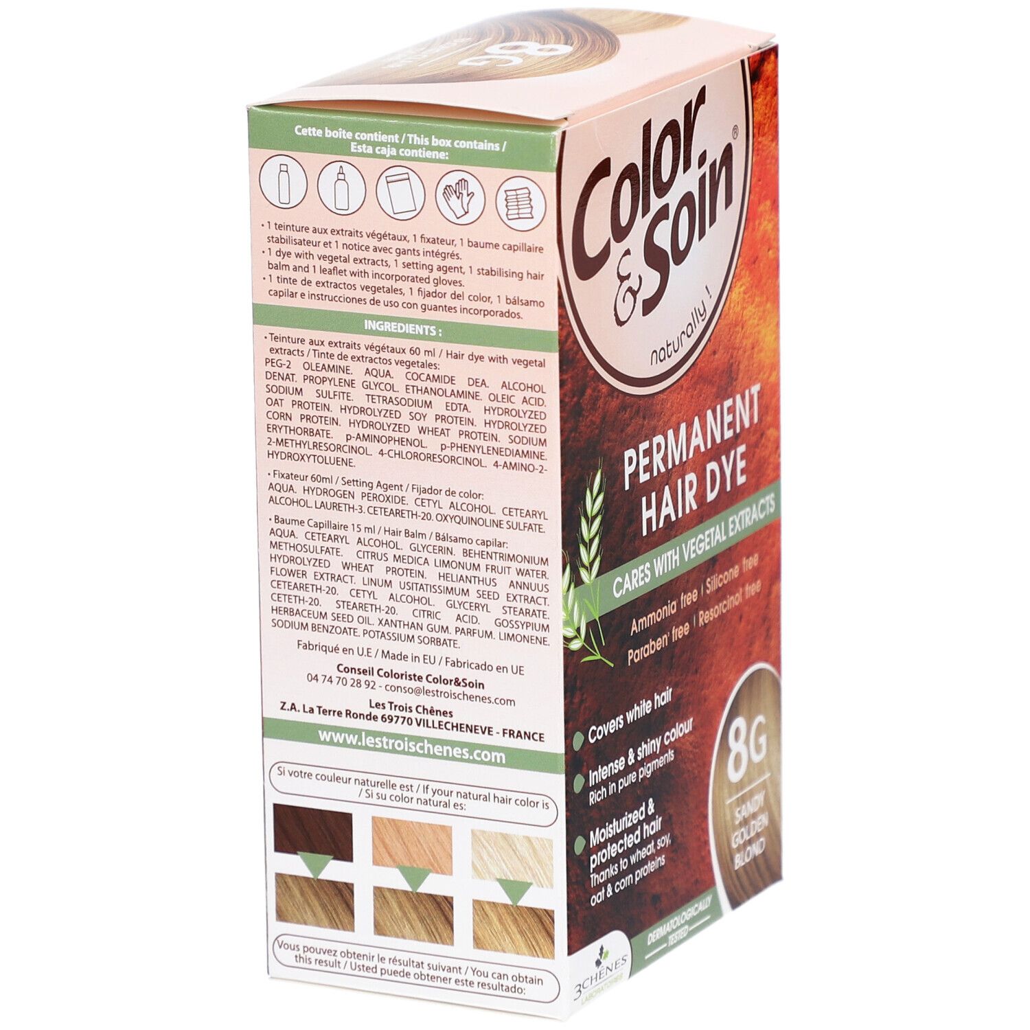 Boîte de teinture capillaire. Inscription: Color & Soin, Permanent Hair Dye, 8G Sandy Golden Blond. Comparaison de couleurs. Ingrédients.