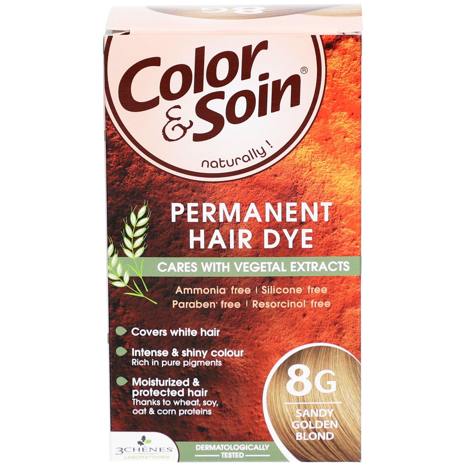 Boîte de teinture capillaire. Inscription: Color & Soin, Permanent Hair Dye, 8G Sandy Golden Blond. Extraits végétaux.