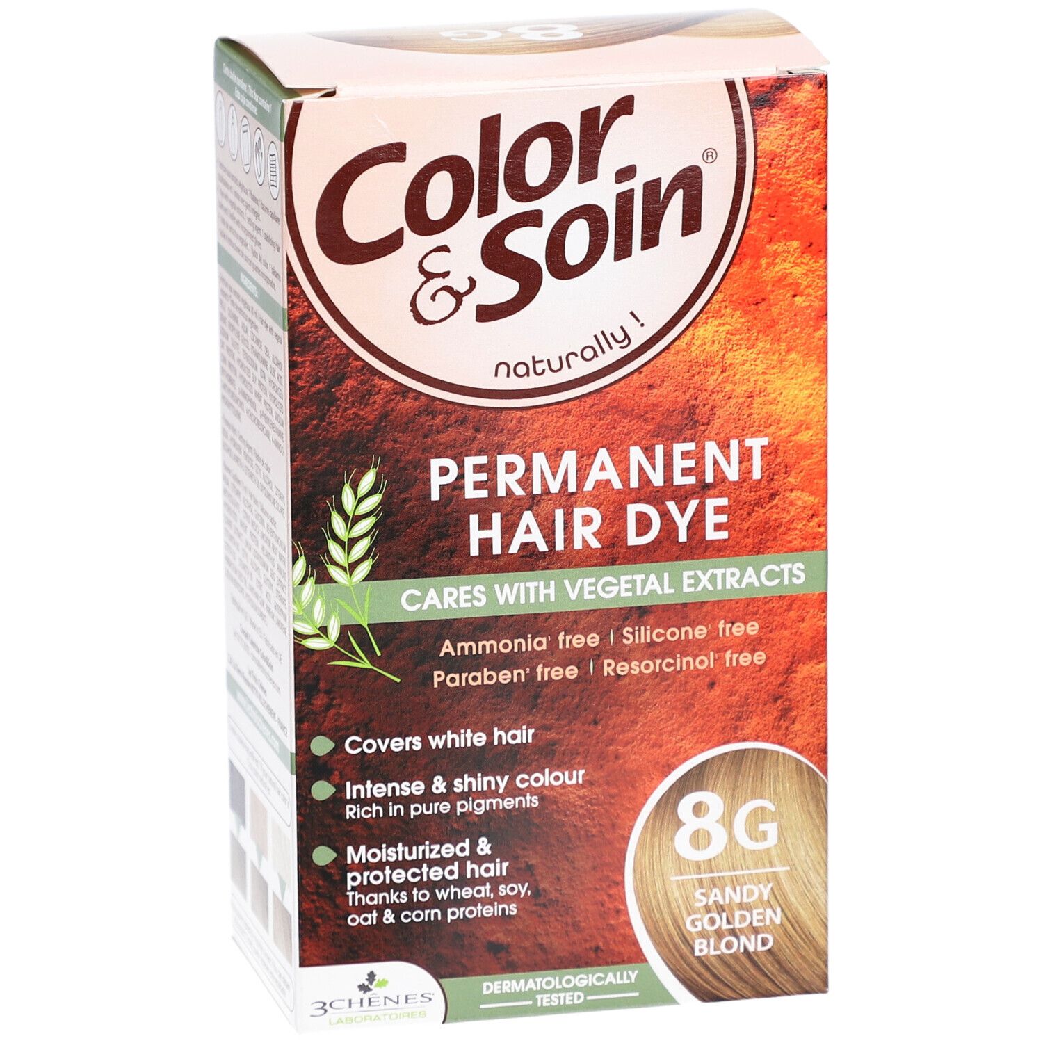 Boîte de teinture capillaire. Inscription: Color & Soin, Permanent Hair Dye, 8G Sandy Golden Blond. Extraits végétaux.