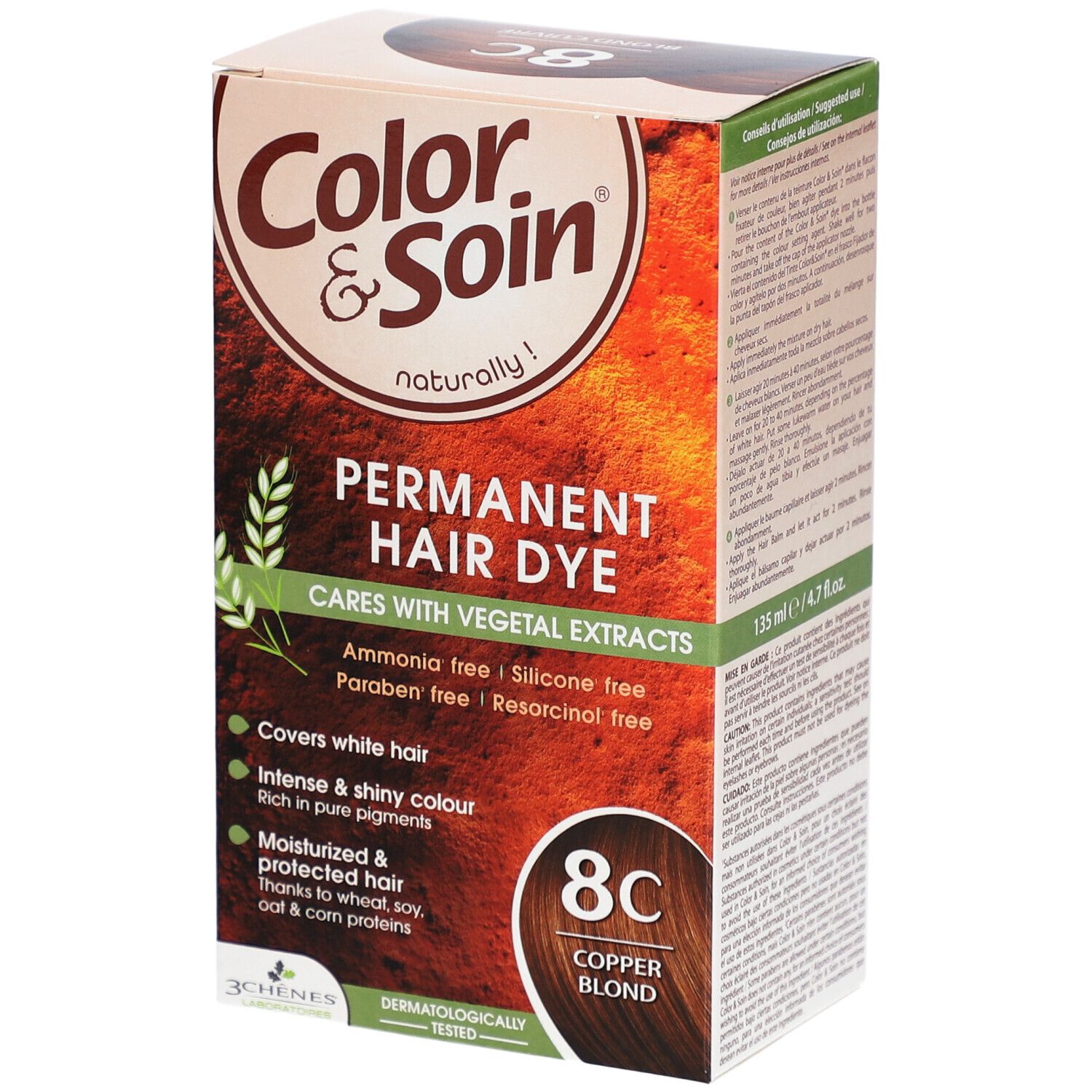Doos Color & Soin Coloration 8C Koperblond. Bevat tekst, waaronder "Permanent Hair Dye", "8C Copper Blond". 