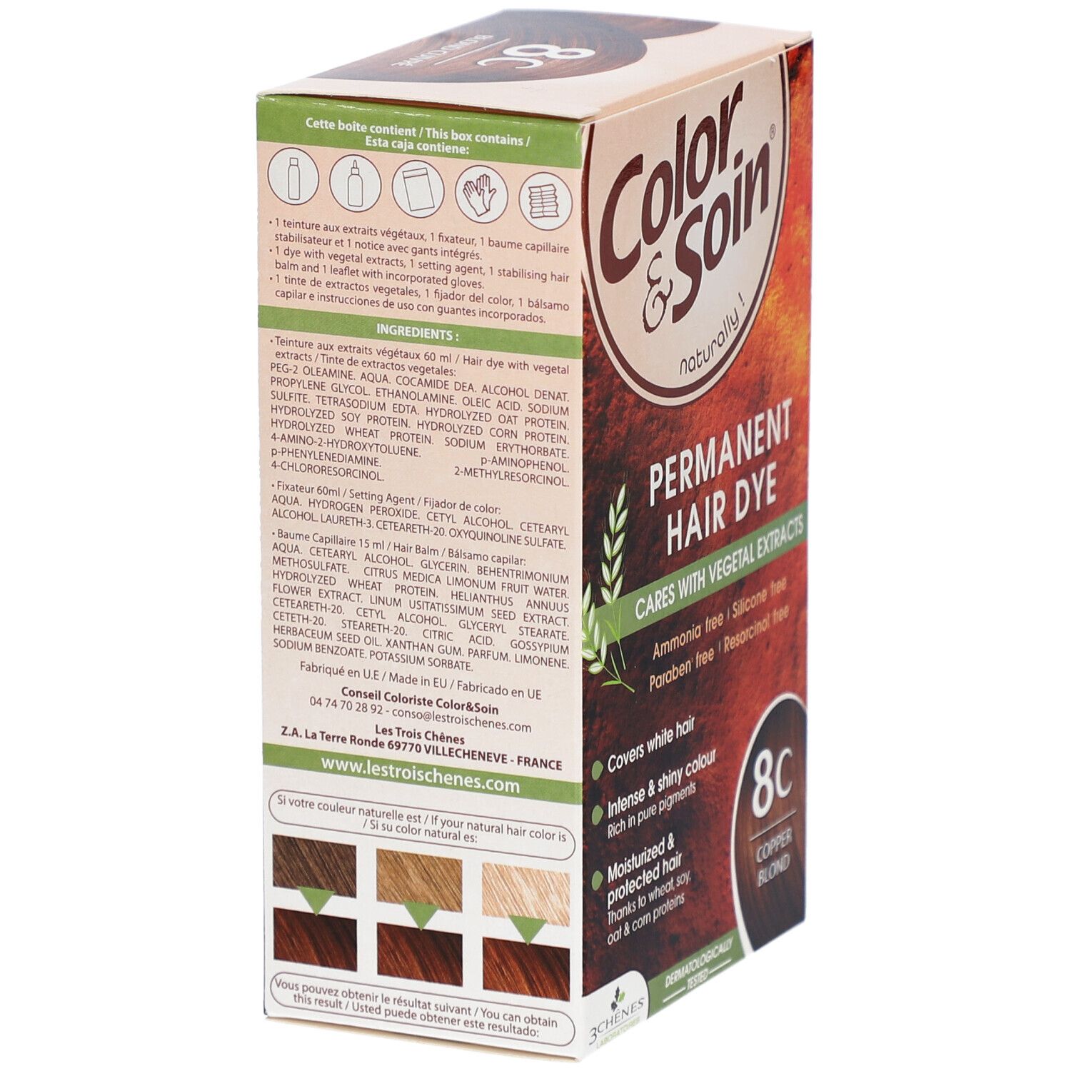 Achterkant van de doos Color & Soin Coloration 8C Koperblond. Bevat ingrediënten, instructies en kleurstalen.