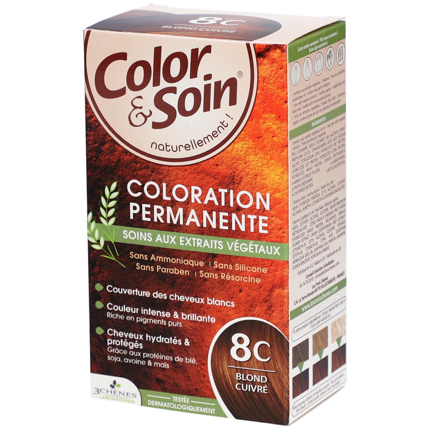 Doos Color & Soin Coloration Permanente 8C Koperblond. Bevat tekst, waaronder "Coloration Permanente", "8C Koperblond".