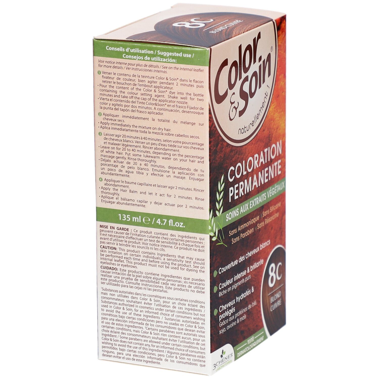 Doos Color & Soin Coloration 8C Koperblond met tekst, waaronder "Coloration Permanente", "8C Koperblond" en gebruiksaanwijzing.