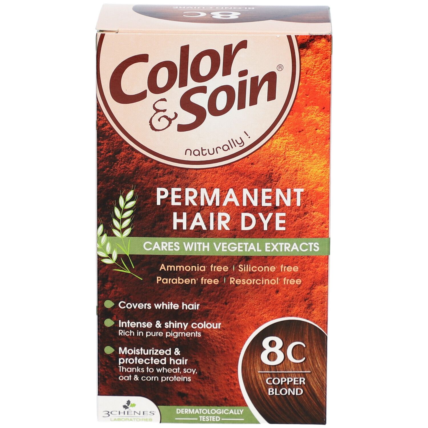 Doos Color & Soin Coloration 8C Koperblond. Bevat tekst, waaronder "Permanent Hair Dye", "8C Copper Blond".