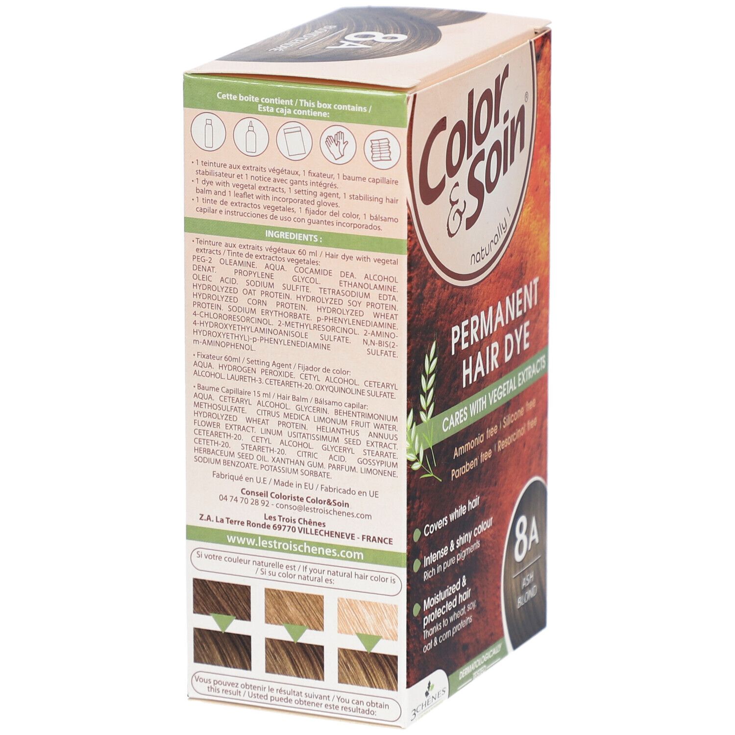Achterkant verpakking Color & Soin 8A haarverf. Ingrediënten, gebruiksaanwijzing en voorbeelden van haarkleuren.