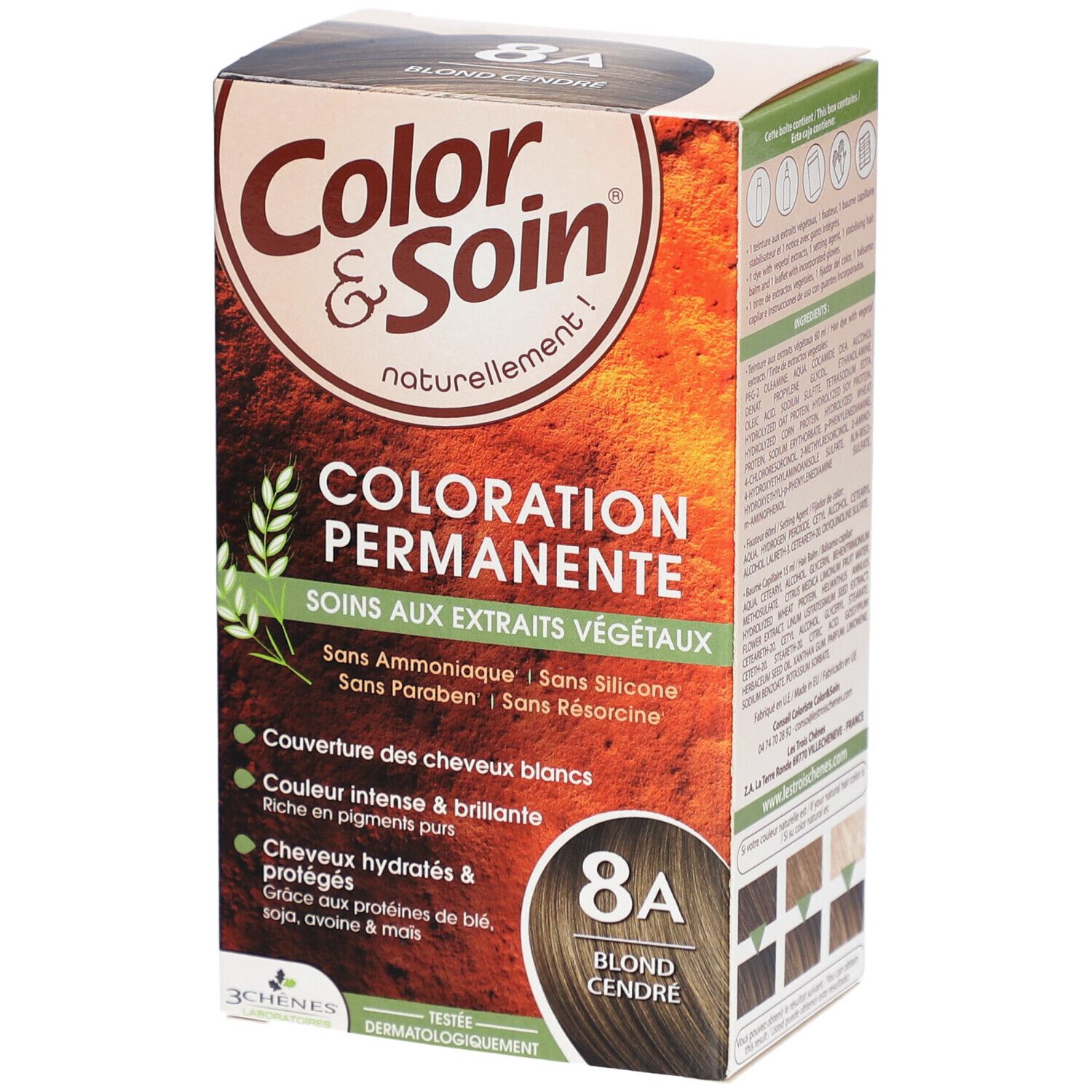Verpakking Coloration Permanente 8A Blond cendré. Productinformatie en kleurtint. Bevat plantaardige extracten.